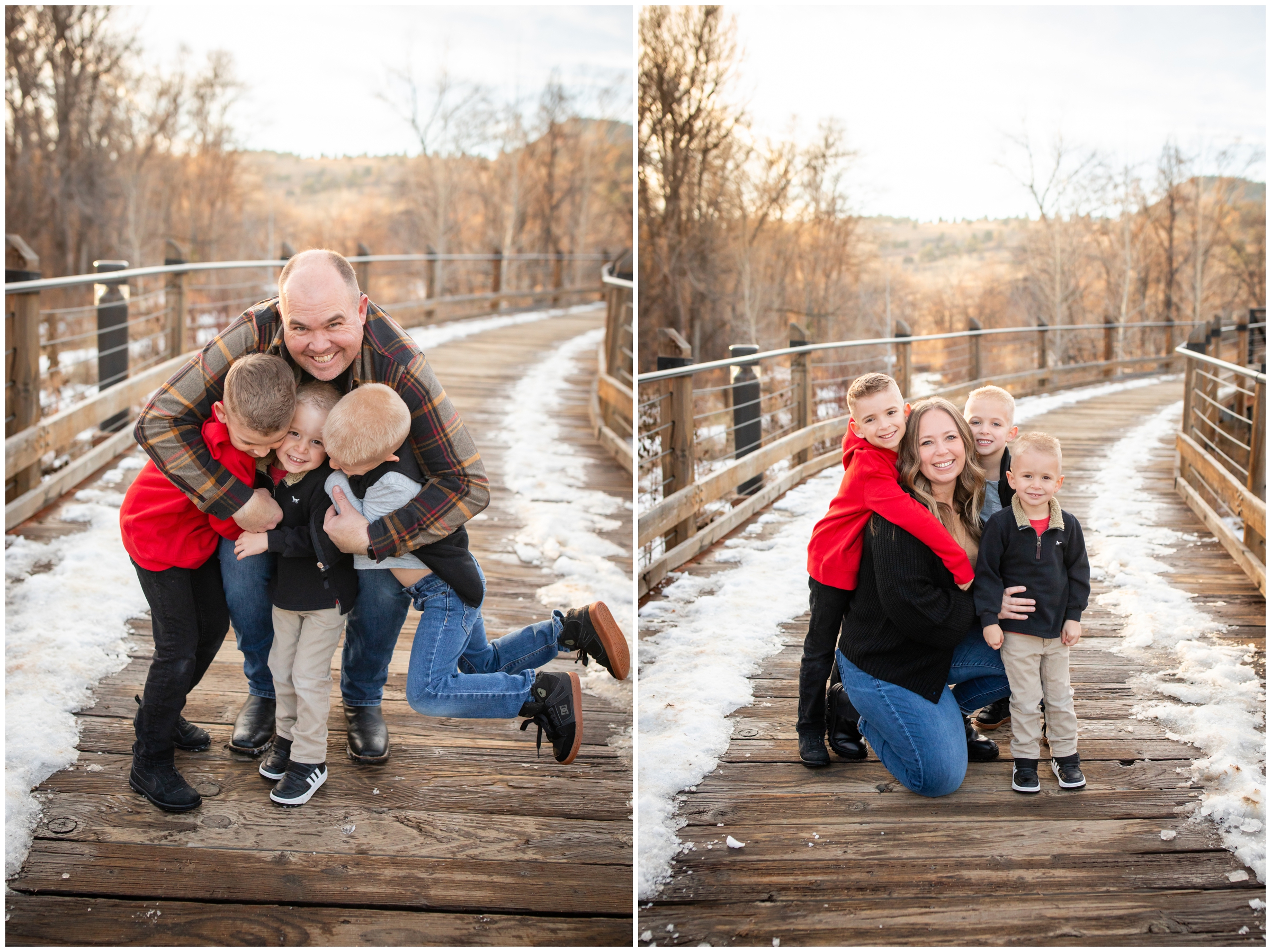 families hugging during Lyons Colorado family photography session during winter