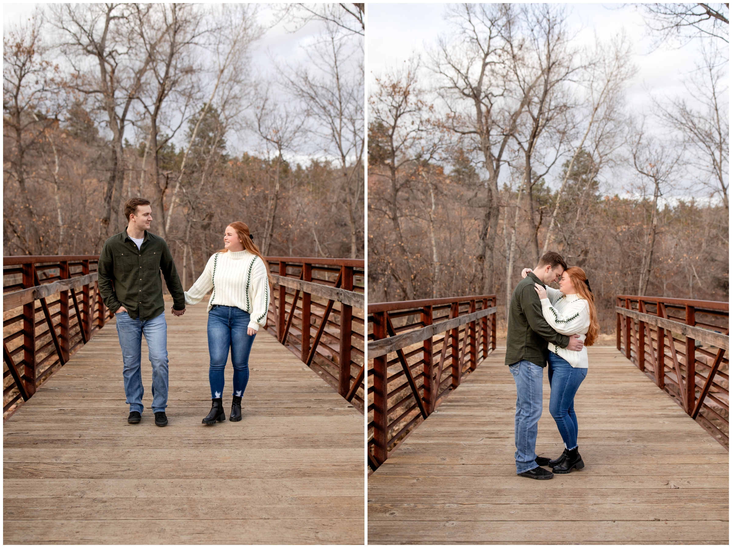 couple walking on bridge during winter Lyons Colorado engagement pictures by Plum Pretty Photography 