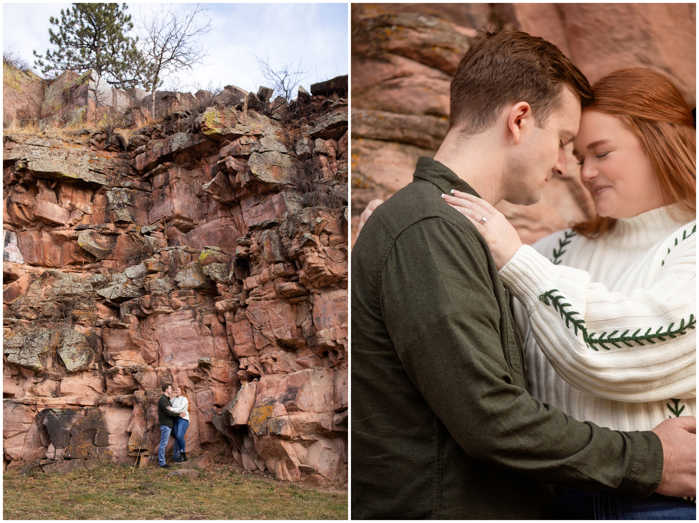 couple posing in front of large rock formations during Lyons Colorado winter engagement pictures 
