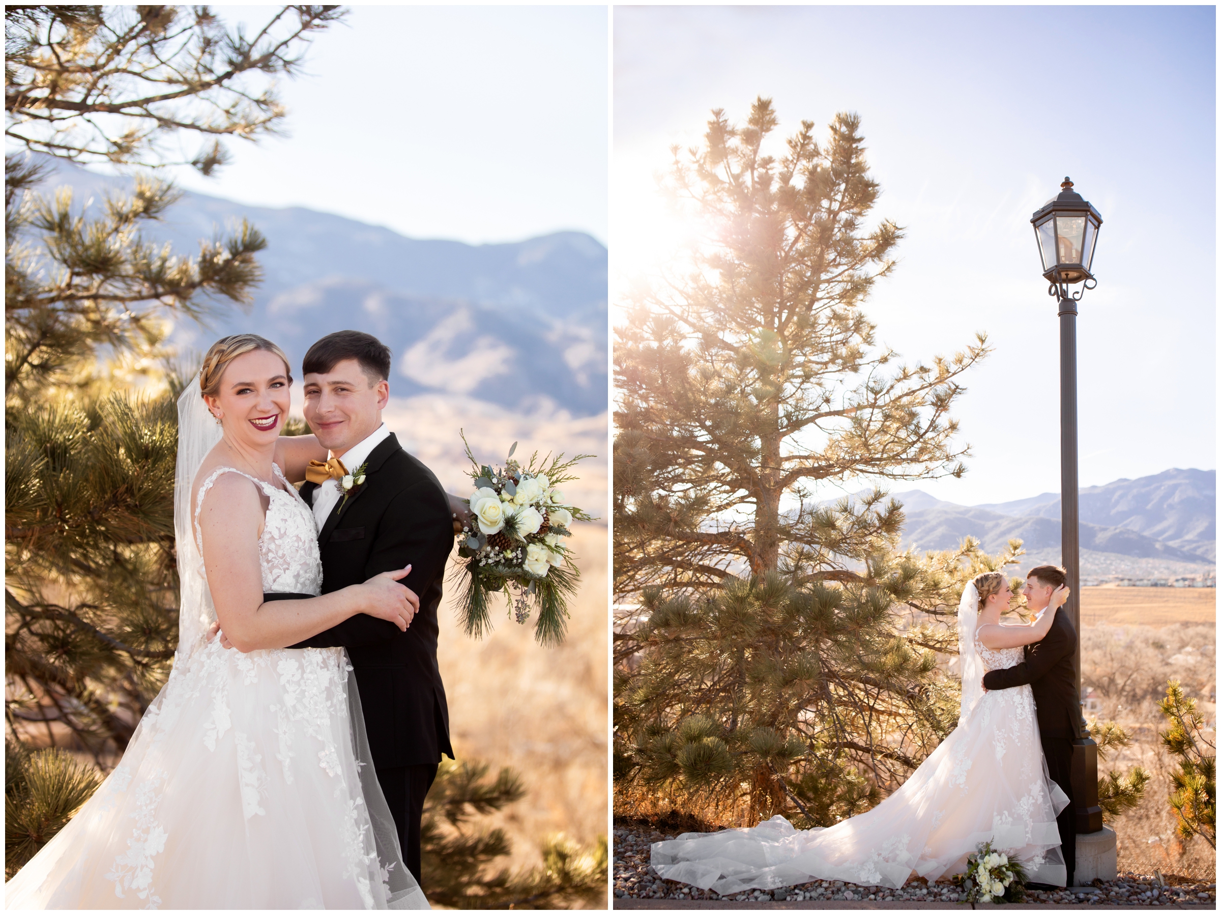 couple leaning against lamppost during Colorado Springs wedding photos at the Pinery at the Hill