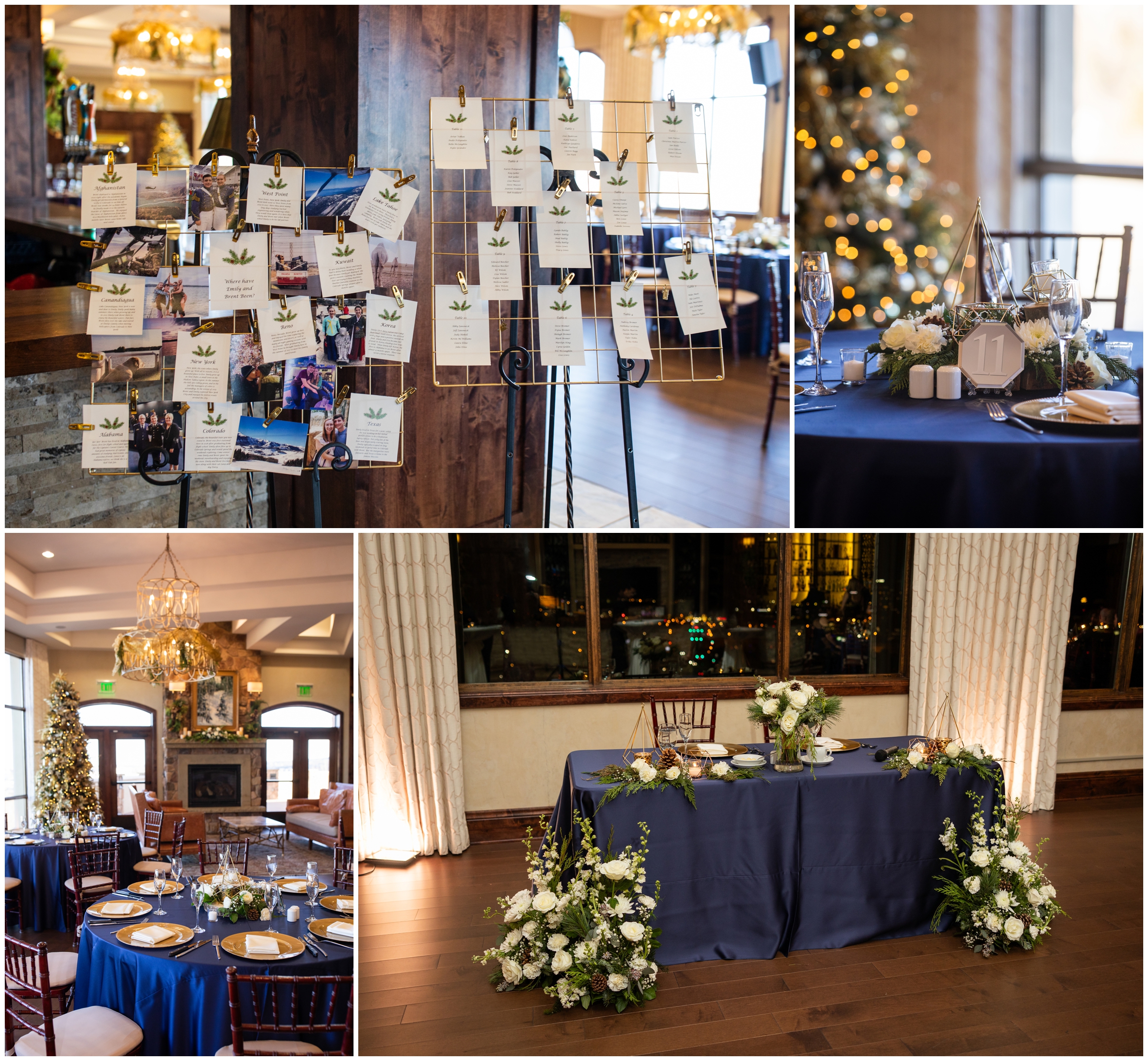 blue and white winter wedding reception decor inspiration in Colorado Springs