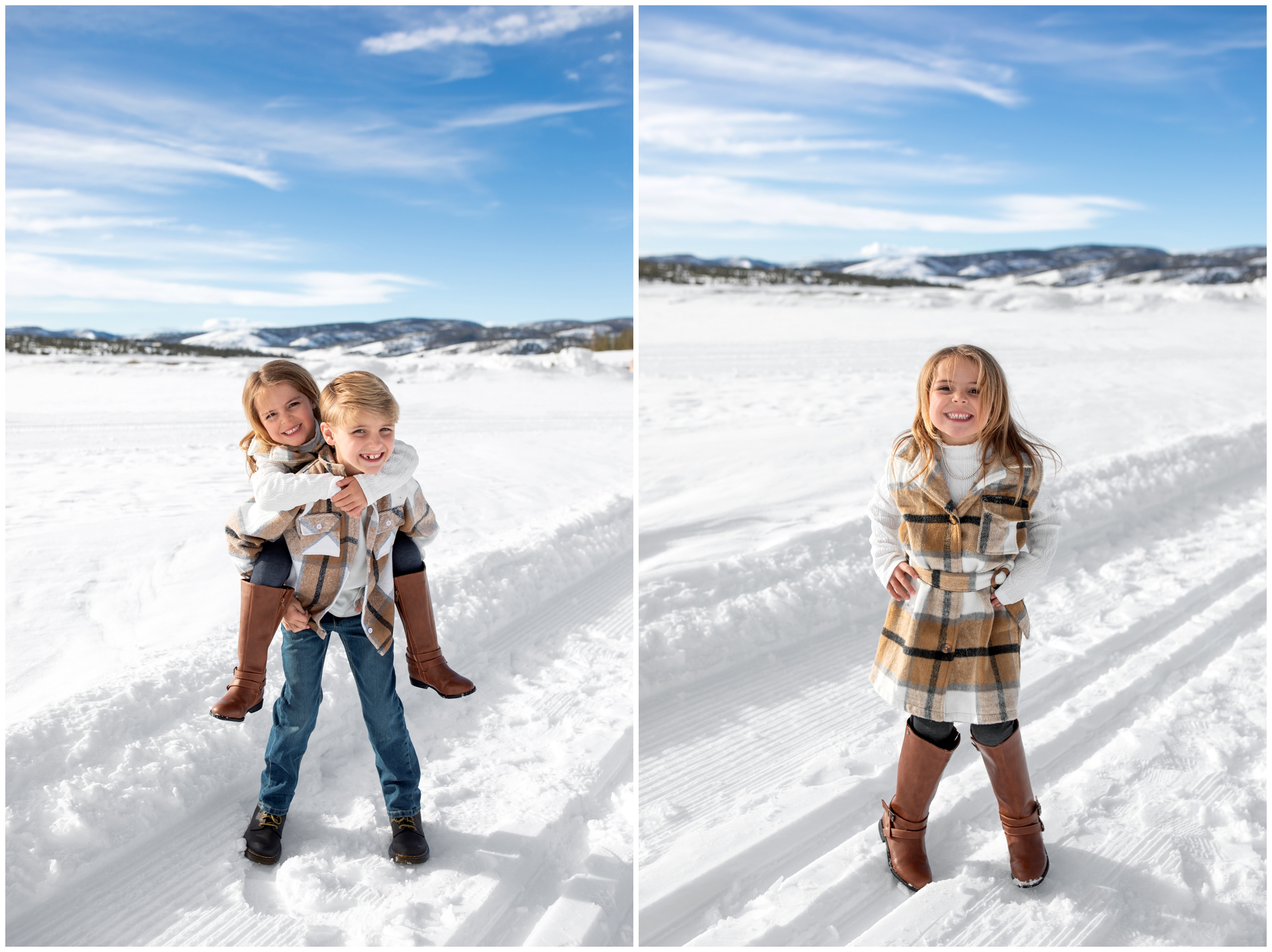 brother giving his sister a piggy back ride during candid family pictures in Winter Park Colorado