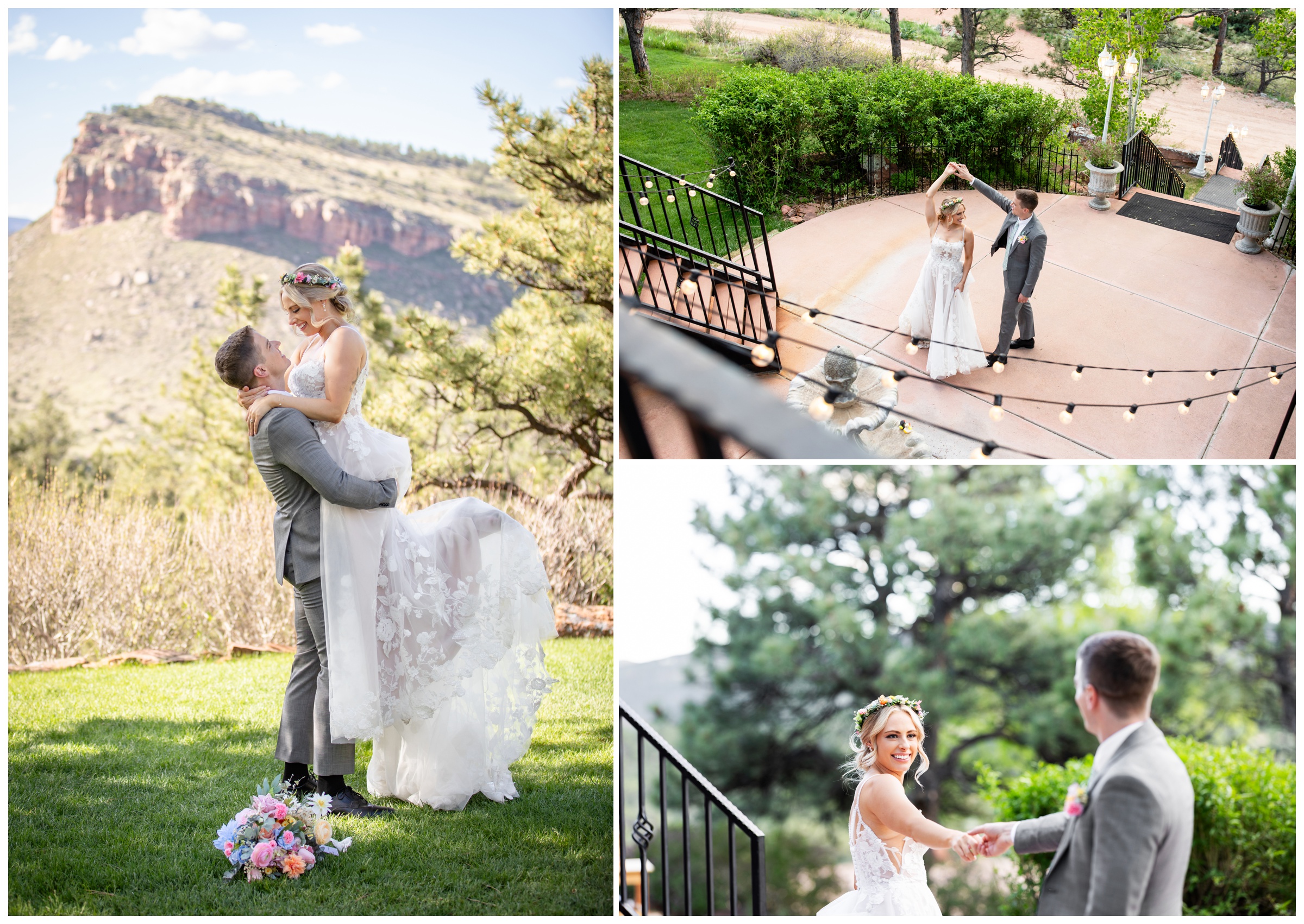 bride and groom dancing by fountain during Lionscrest Manor Colorado wedding by Plum Pretty Photography