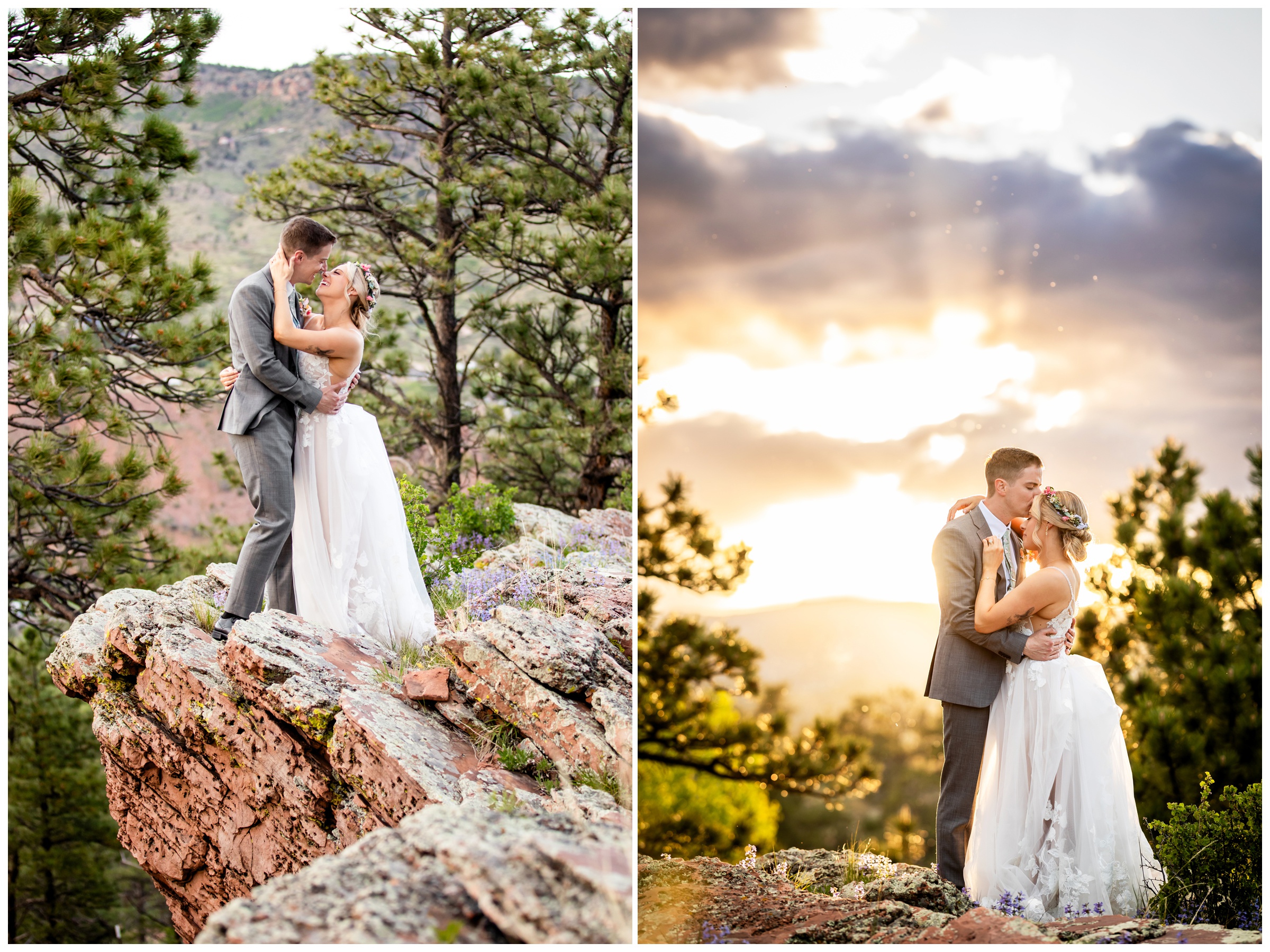 couple posing on the top of the mountain at Lionscrest Manor during springtime wedding photos in Colorado