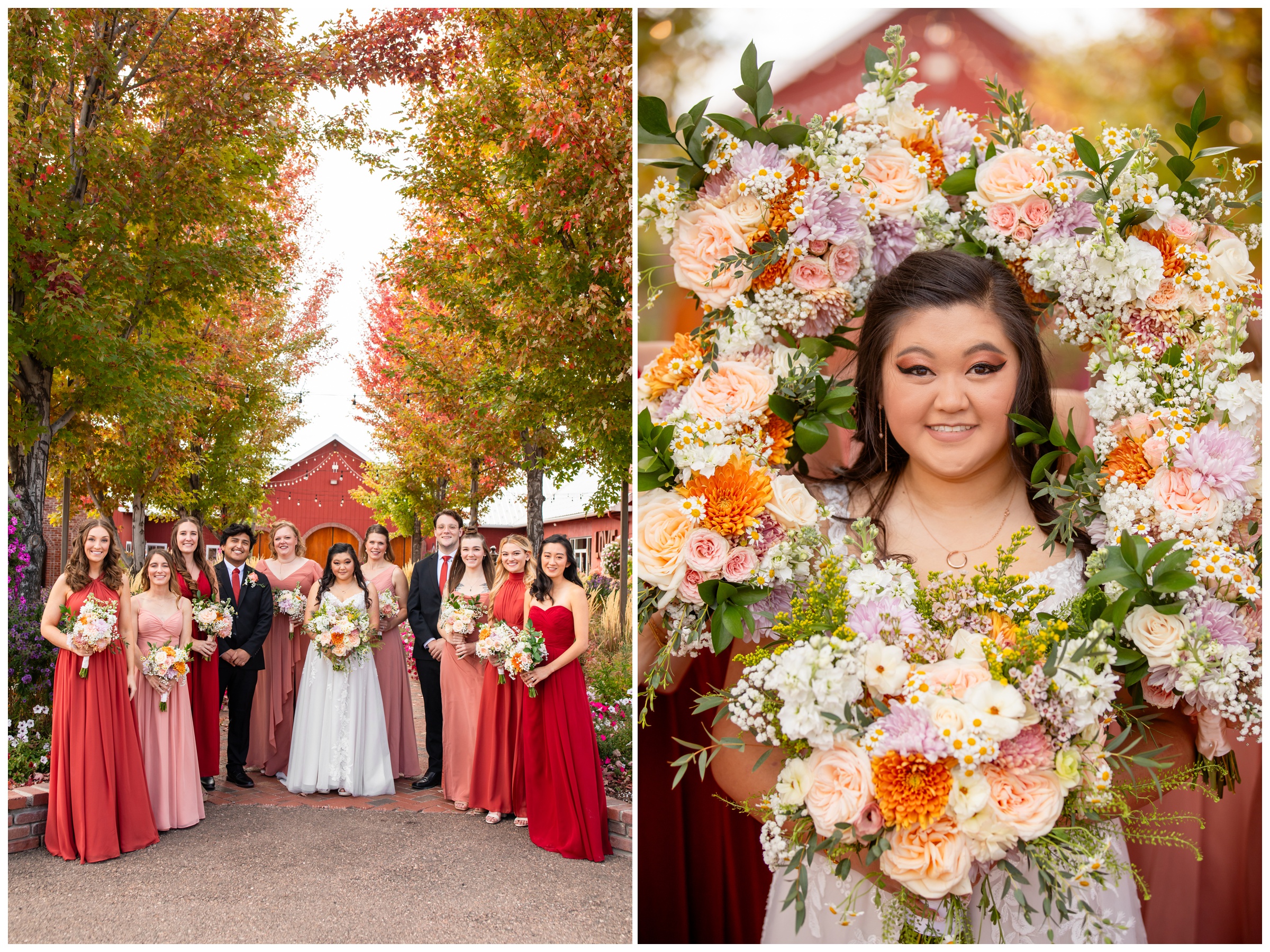 bridesmaids framing bride's face with bouquets during unique bridal party photos in Larkspur Colorado