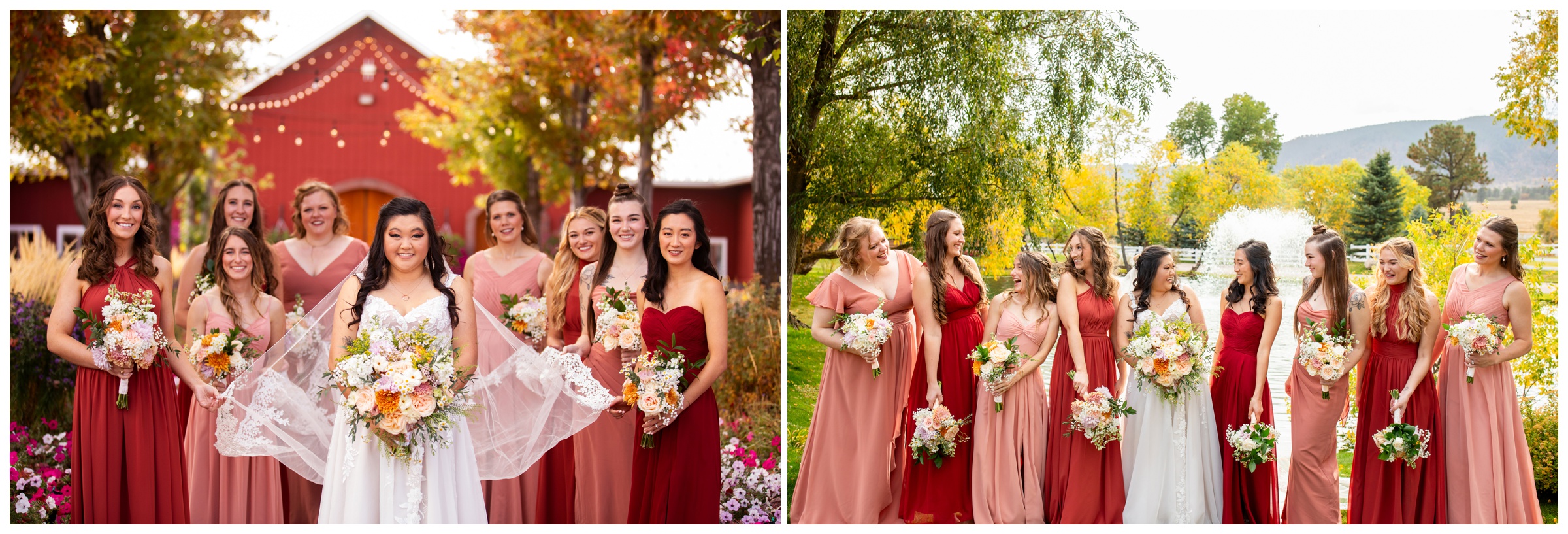 bridesmaids holding brides veil during bridal party portraits at the venue at Crooked Willow Farms