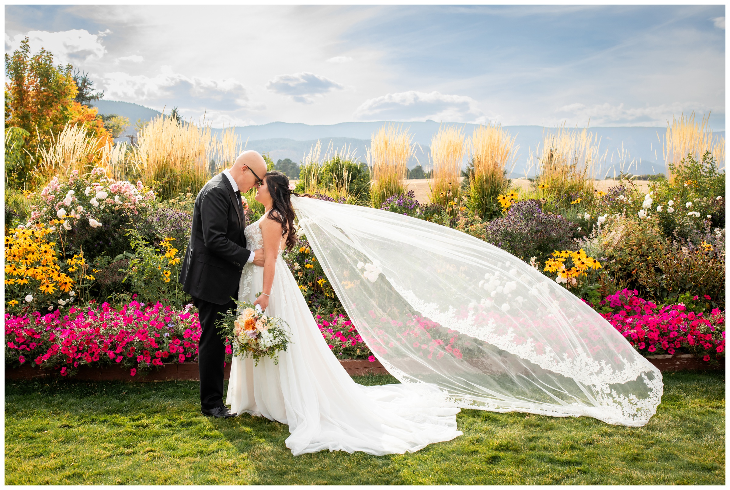 dramatic veil photos during fall wedding at the venue at Crooked Willow Farms in Colorado