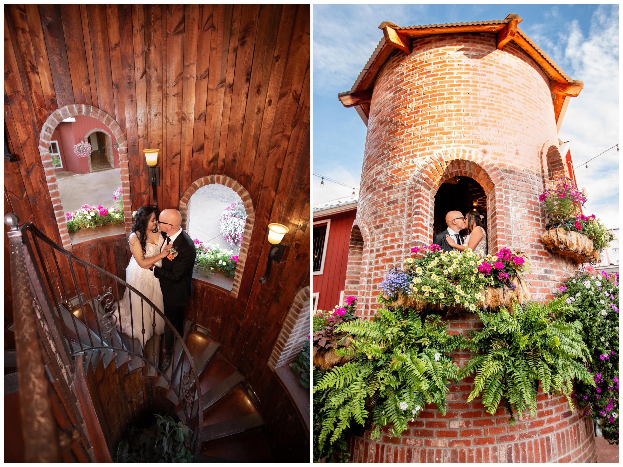 couple posing inside silo during fall wedding portraits at the venue at Crooked Willow Farms