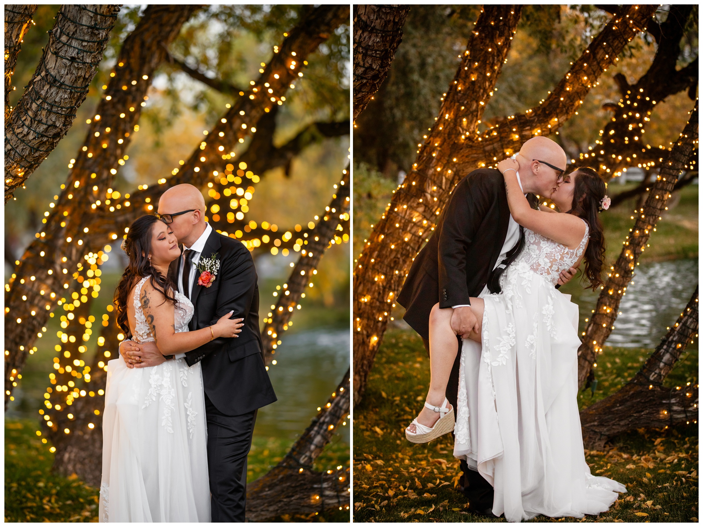 groom dipping bride during nighttime wedding photos in Larkspur Colorado