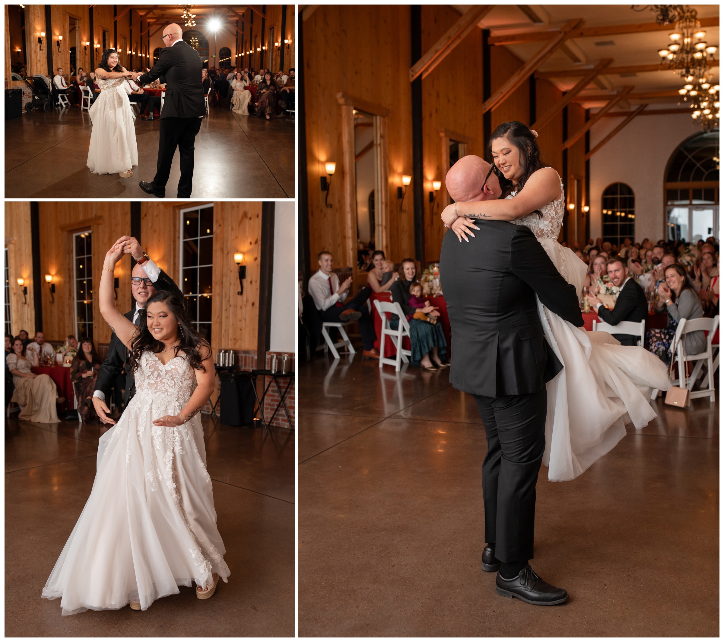 first dance during wedding reception at Crooked Willow Farms in Colorado