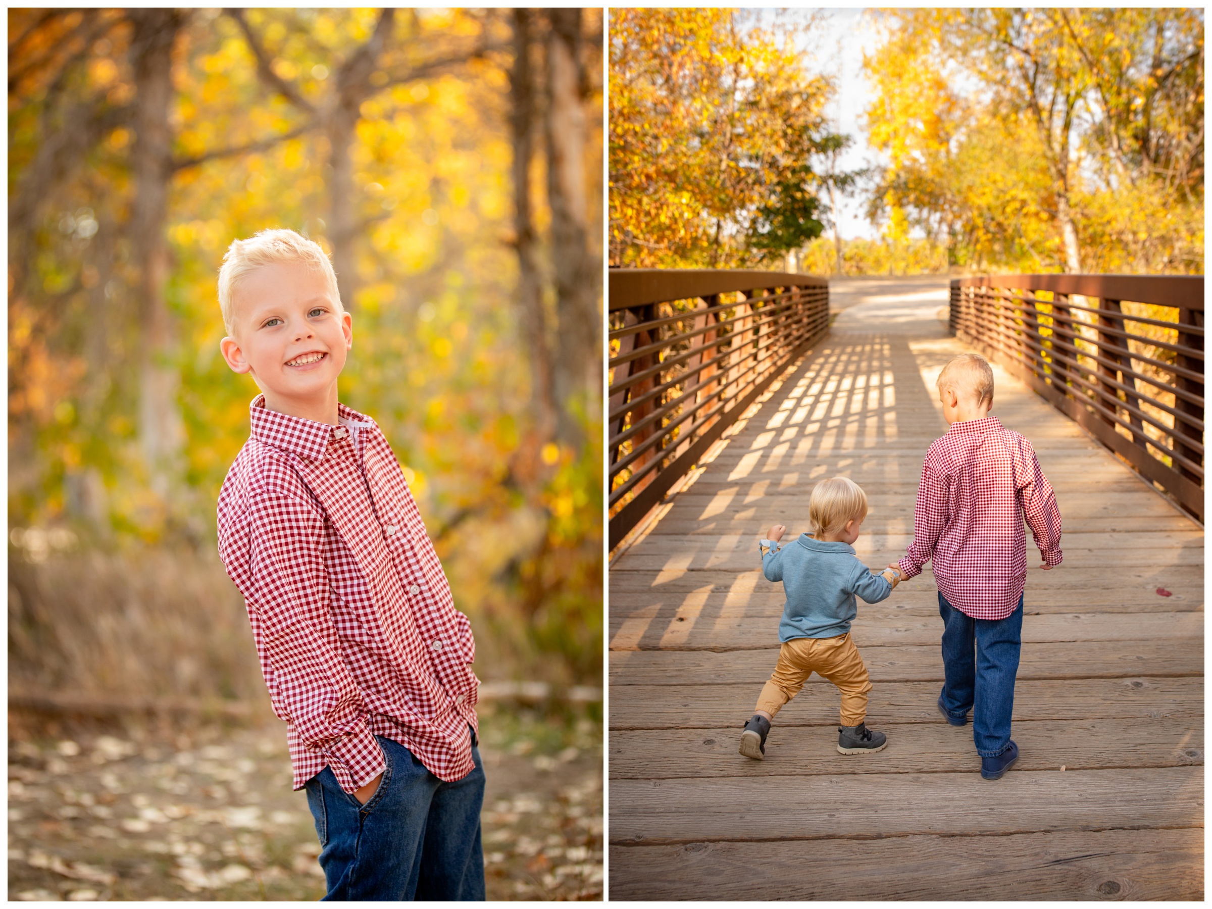 brothers walking on bridge at Golden Ponds Colorado