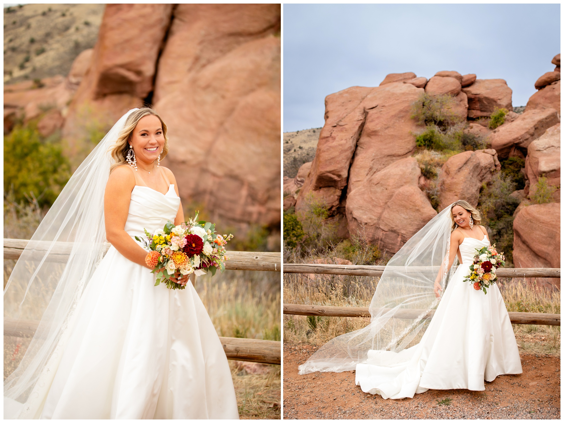 bride posing in front of red rocks during Morrison Colorado fall wedding portraits