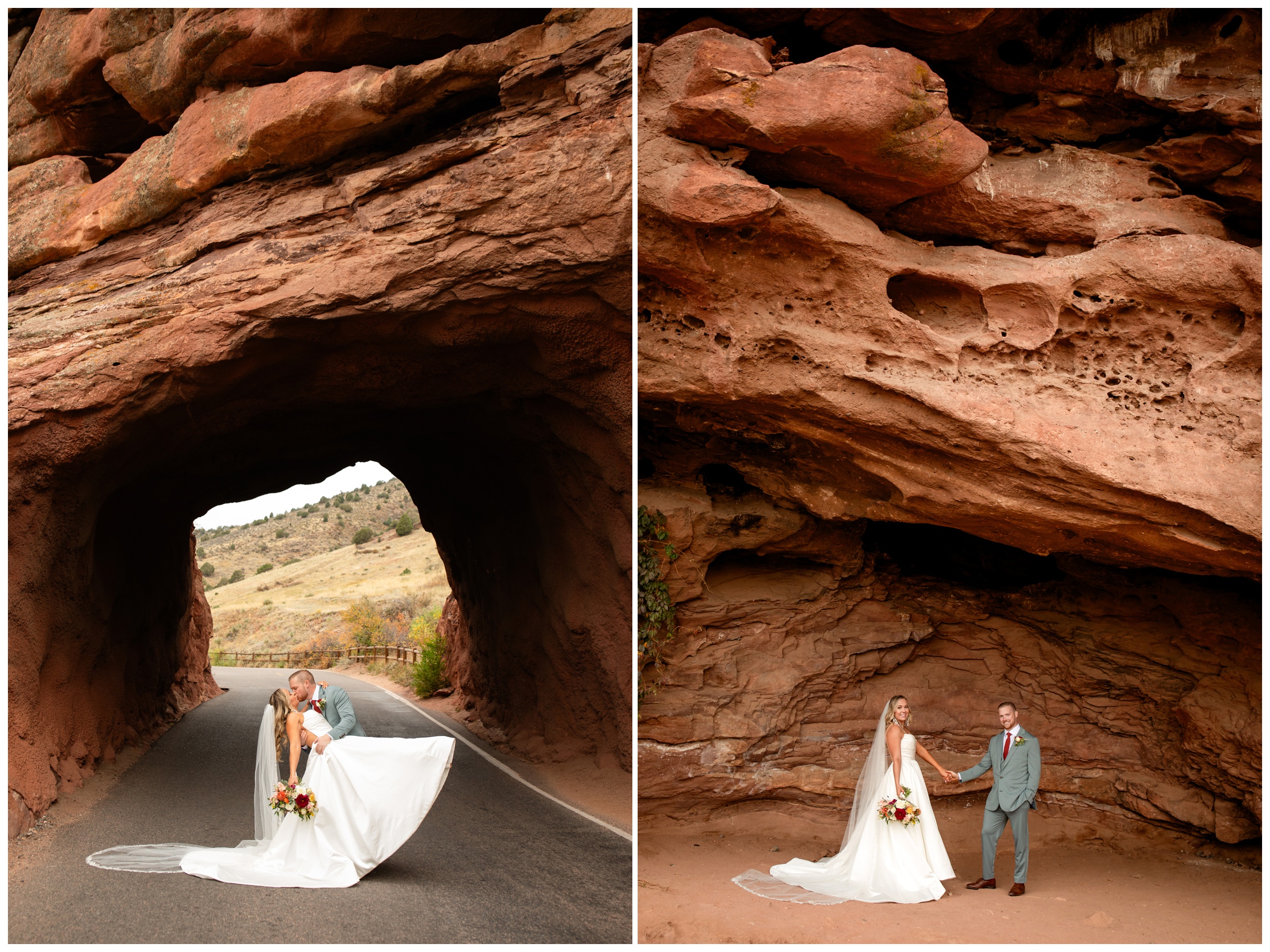 groom dipping bride during Red Rocks and Willow Ridge Manor wedding pictures