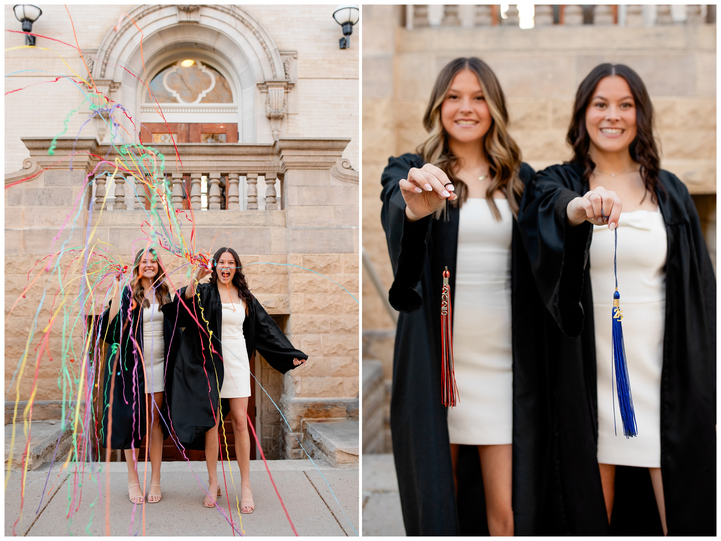sisters popping confetti streamers during best friend graduation pictures at Colorado State university