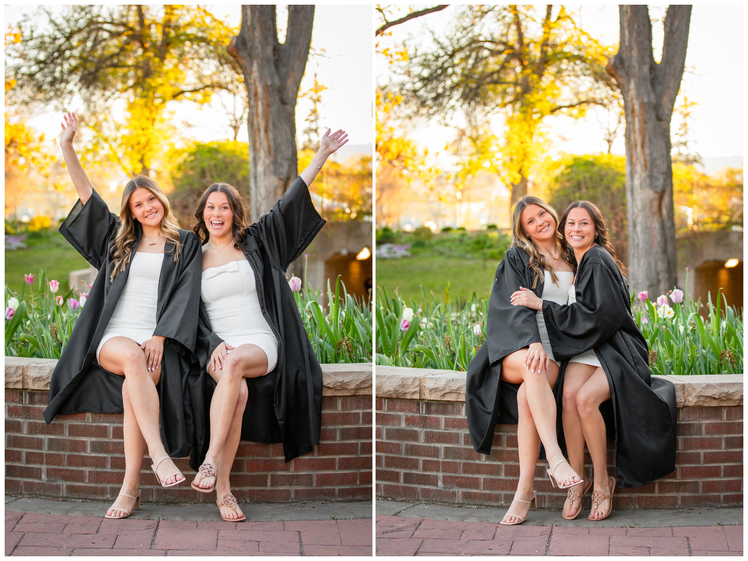 sisters hugging in gardens during Colorado cap and gown graduation session in Fort Collins