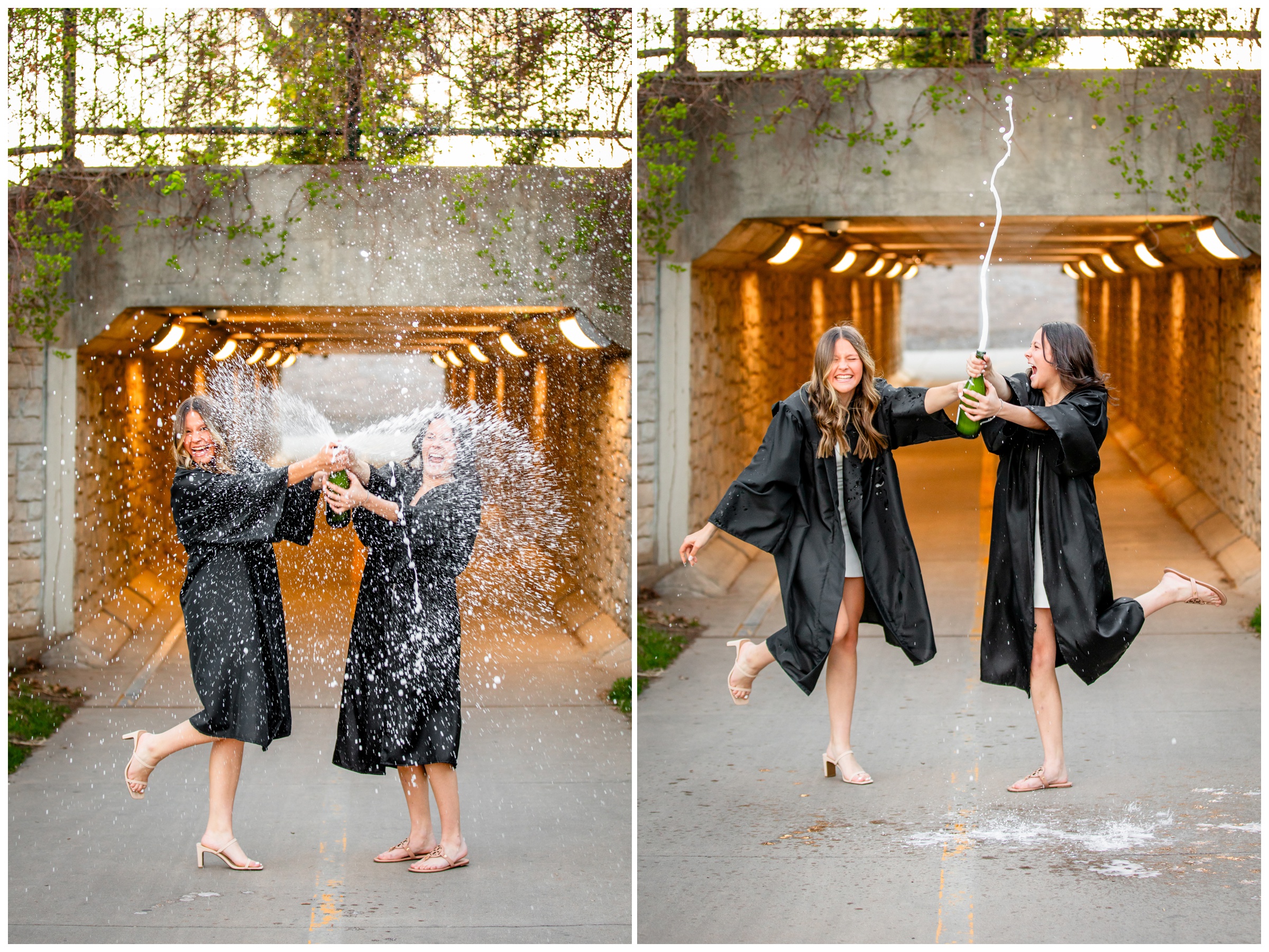sisters spraying champagne during Fort Collins Colorado cap and gown photo session