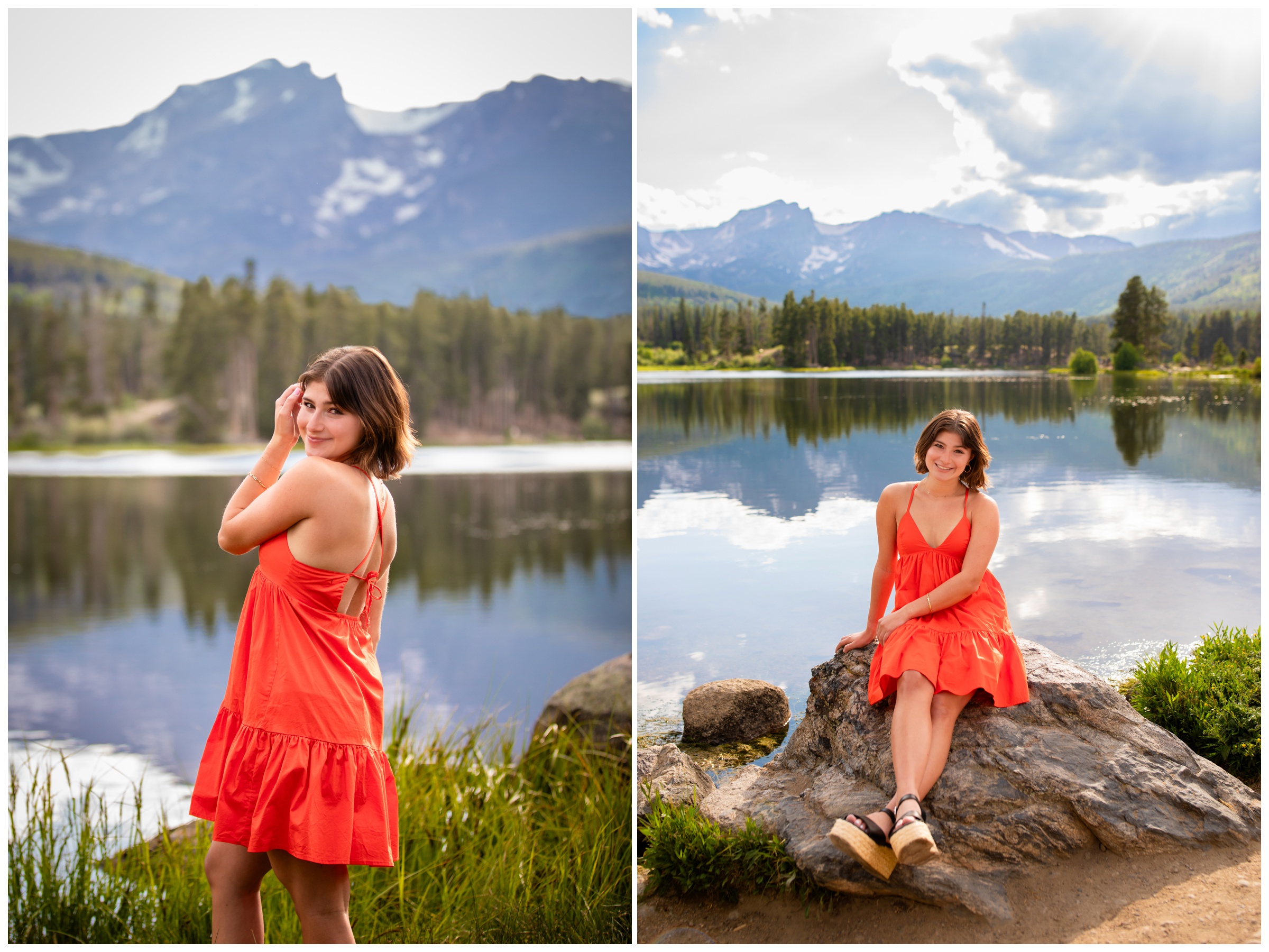 teen posing next to Sprague Lake during RMNP senior portraits by Plum Pretty Photography
