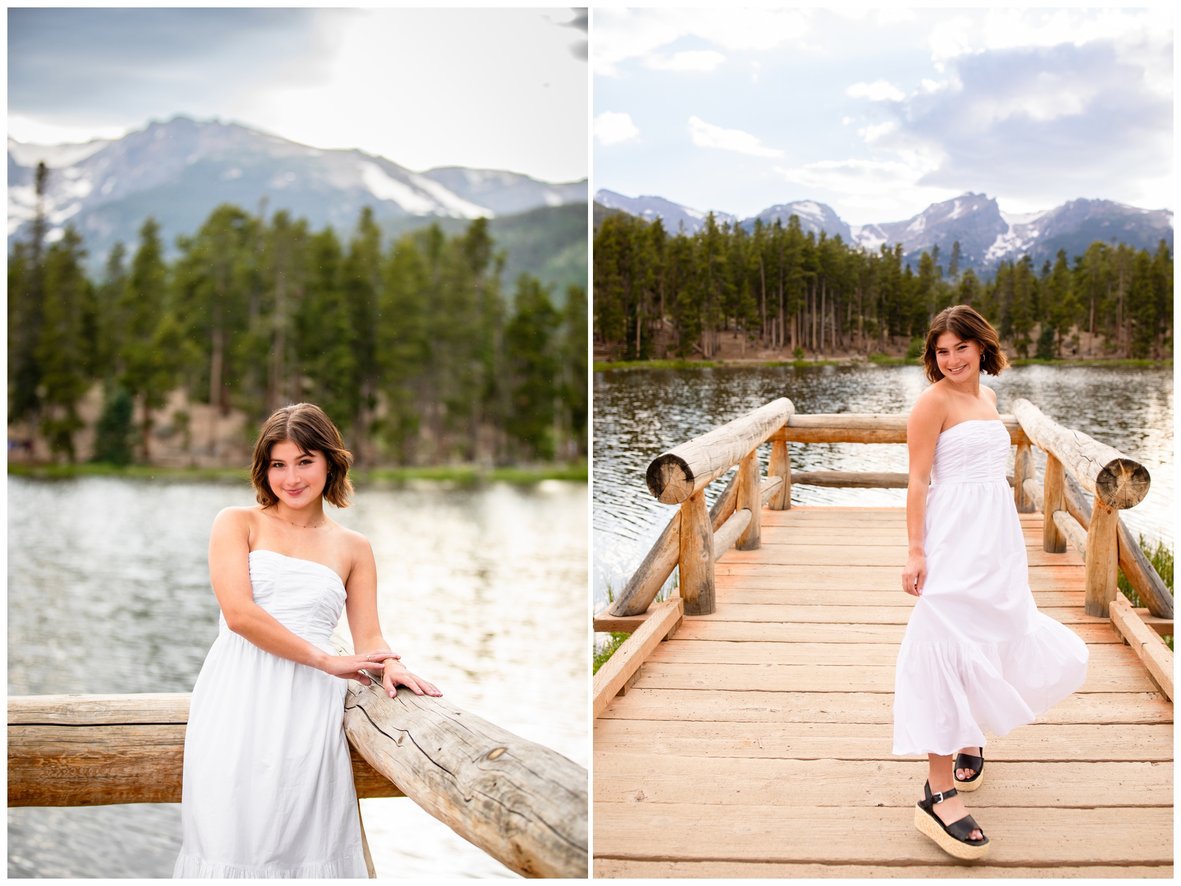 candid senior photos on the dock at Sprague Lake during RMNP senior pictures
