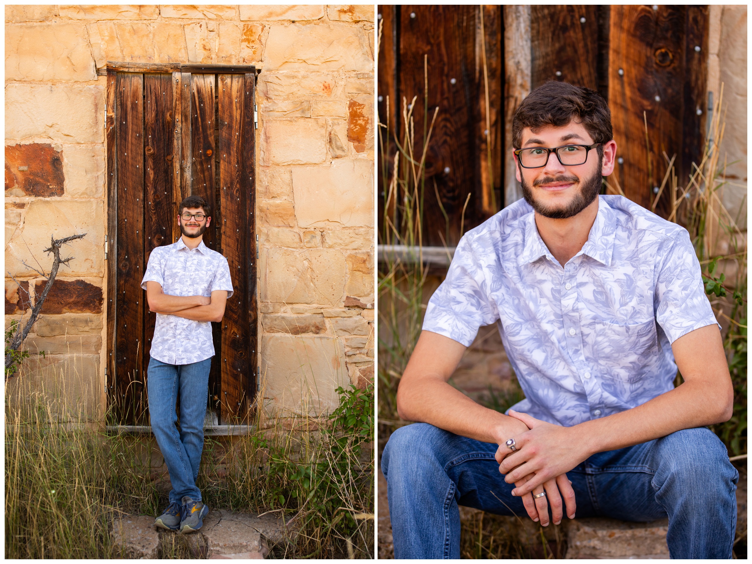teen posing in front of rustic building at south mesa trail during Boulder Colorado senior pictures 