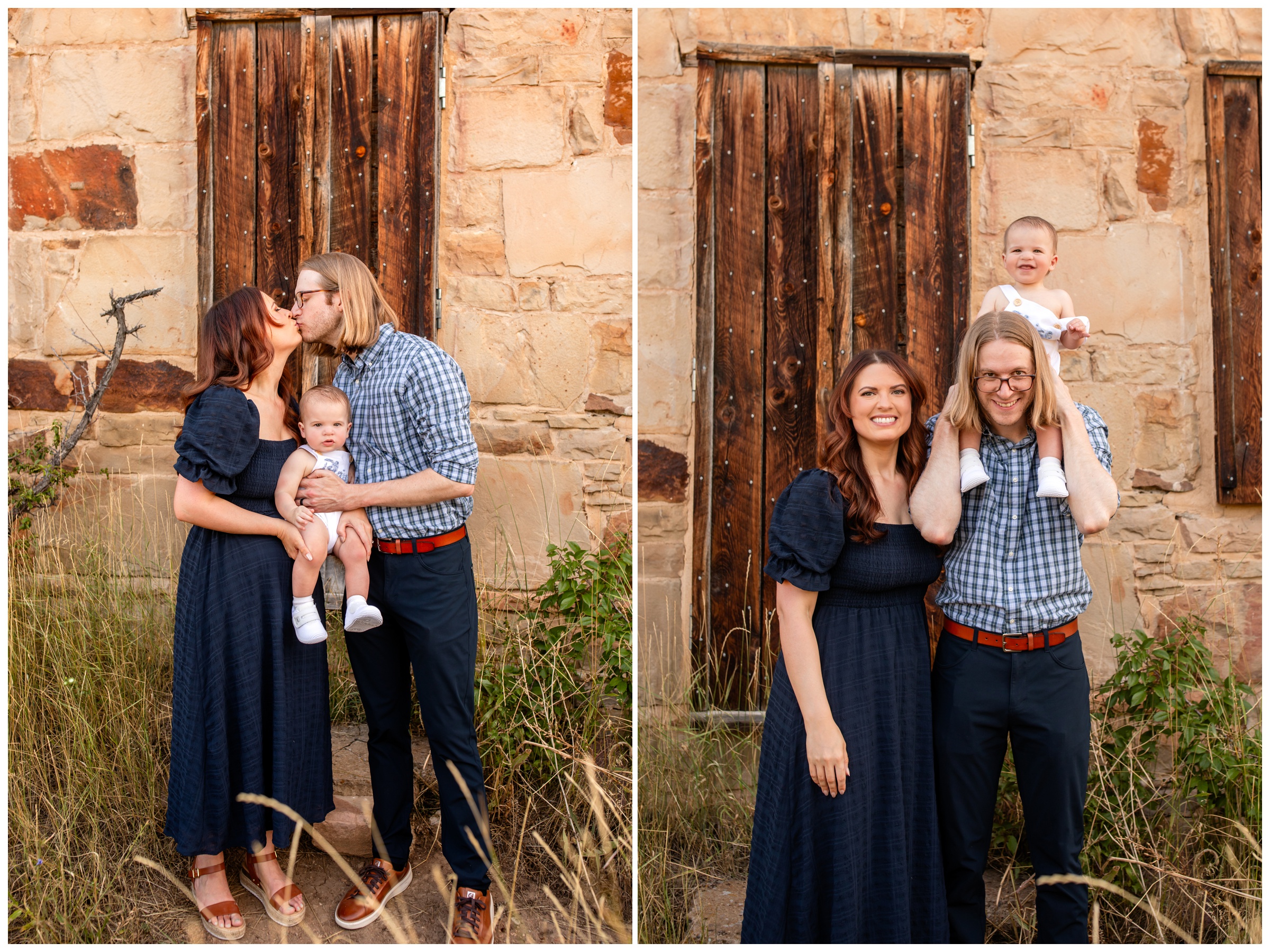 family of three posing in front of rustic building during Boulder family photography session by Plum Pretty Photography 