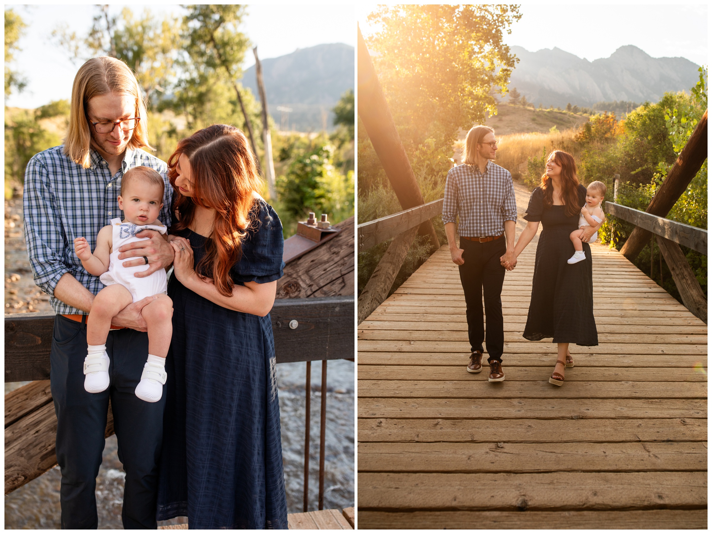 family walking on bridge during candid photography session in Boulder by Plum Pretty Photography 