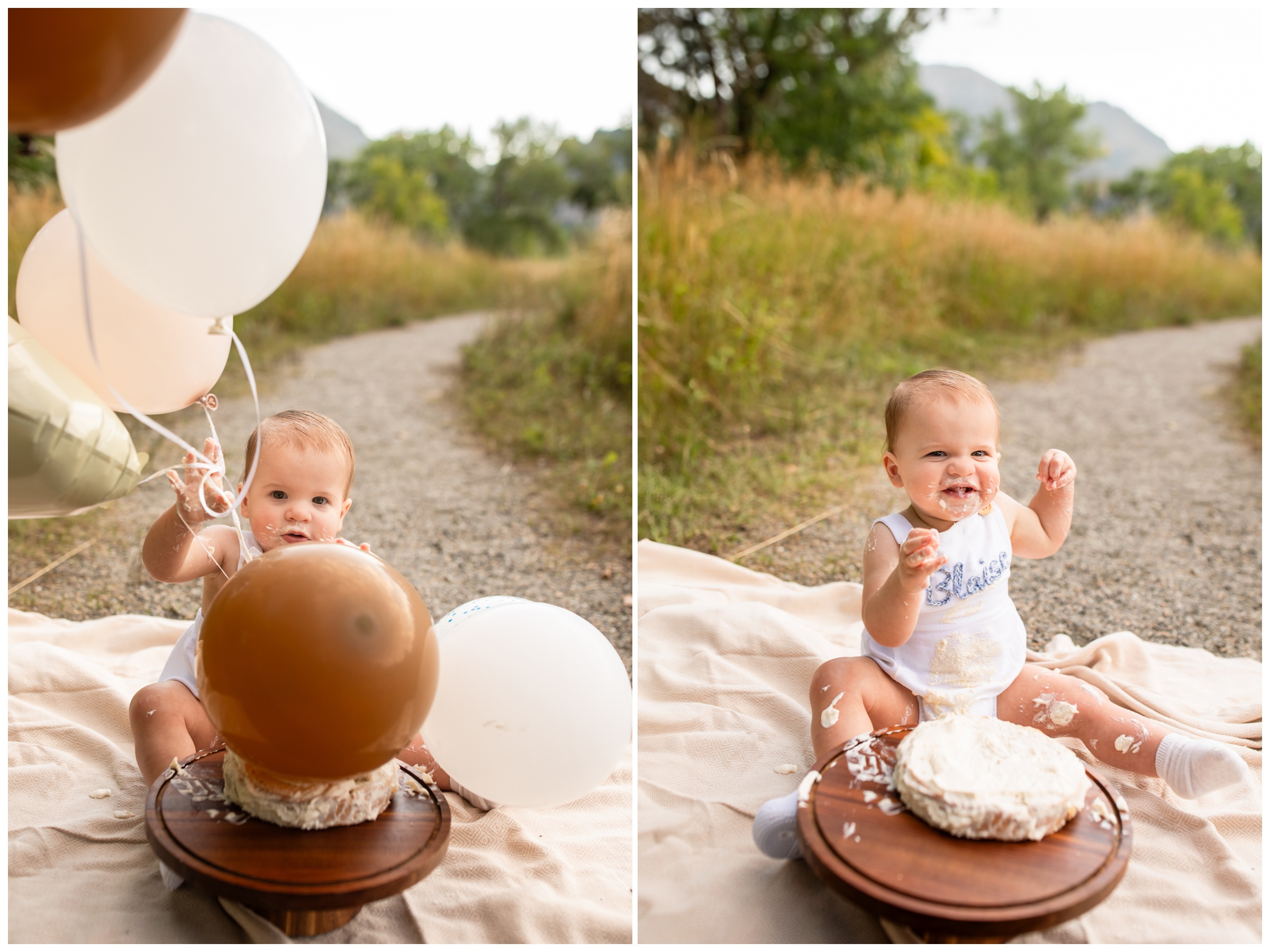 One year cake smash photos at South Mesa Trail by Colorado portrait photographer Plum Pretty Photography