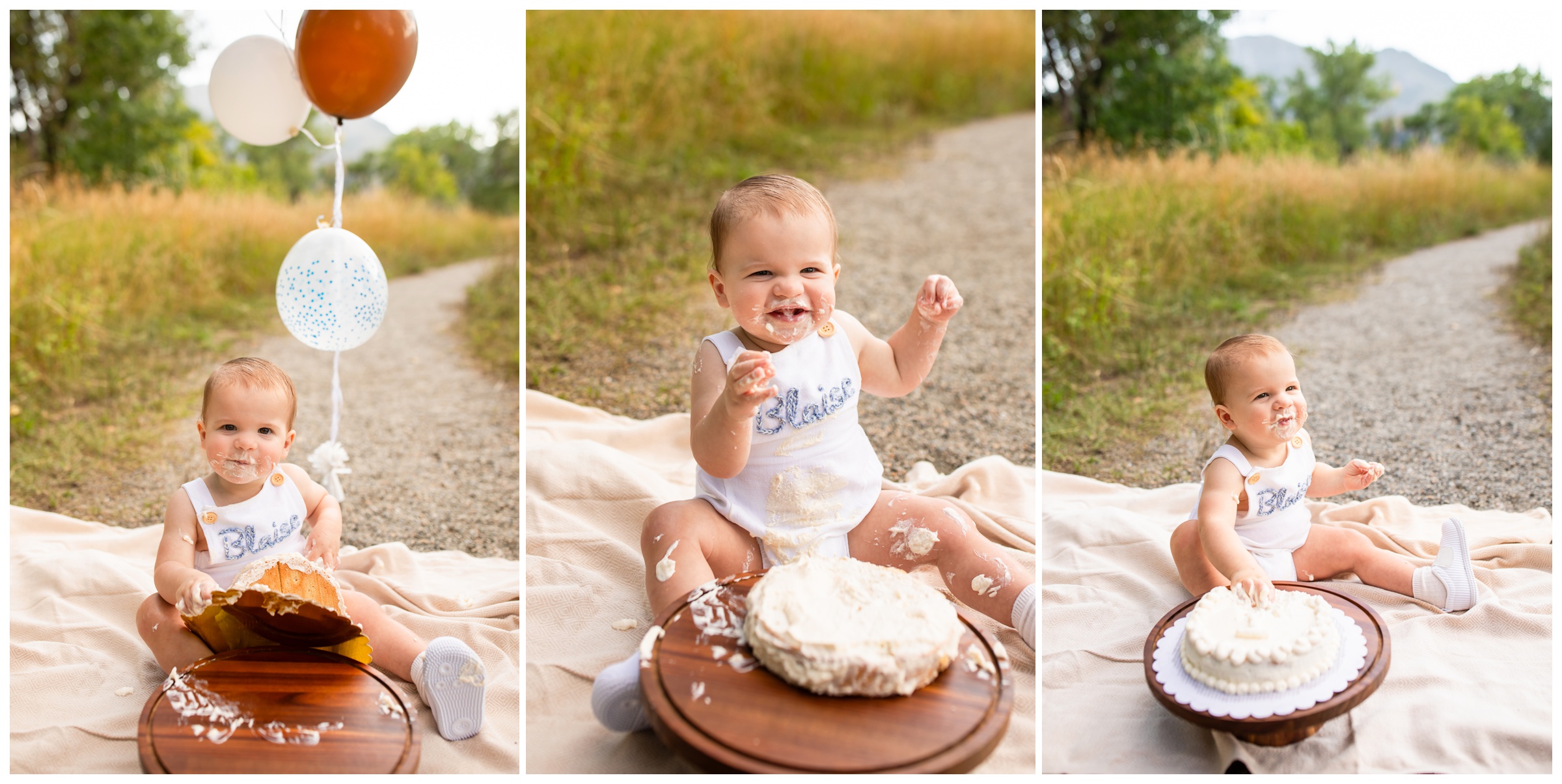 One year cake smash at South Mesa Trail by Colorado portrait photographer Plum Pretty Photography