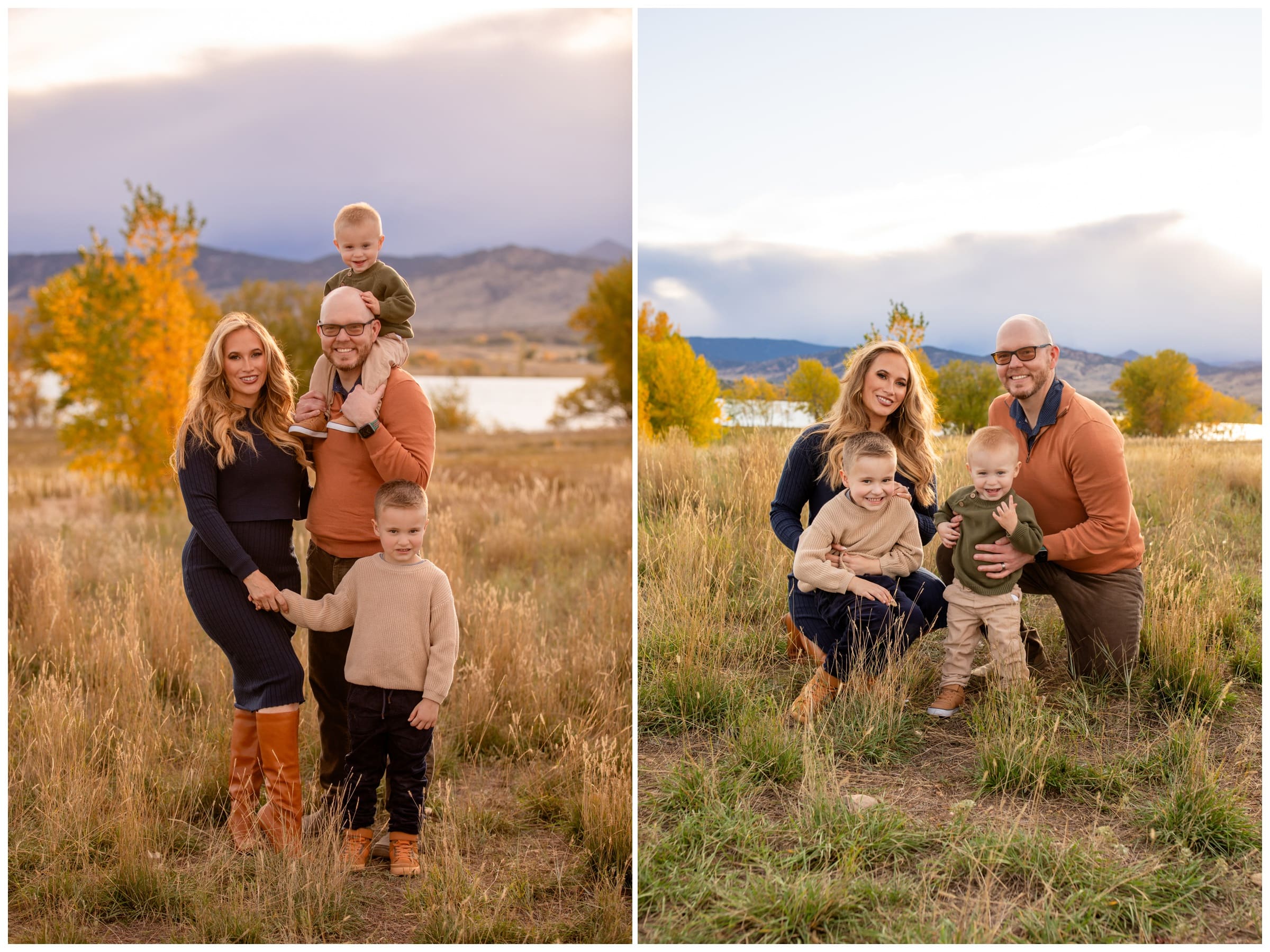 family posing in mountain field during fall mini session at Coot Lake in Boulder Colorado 