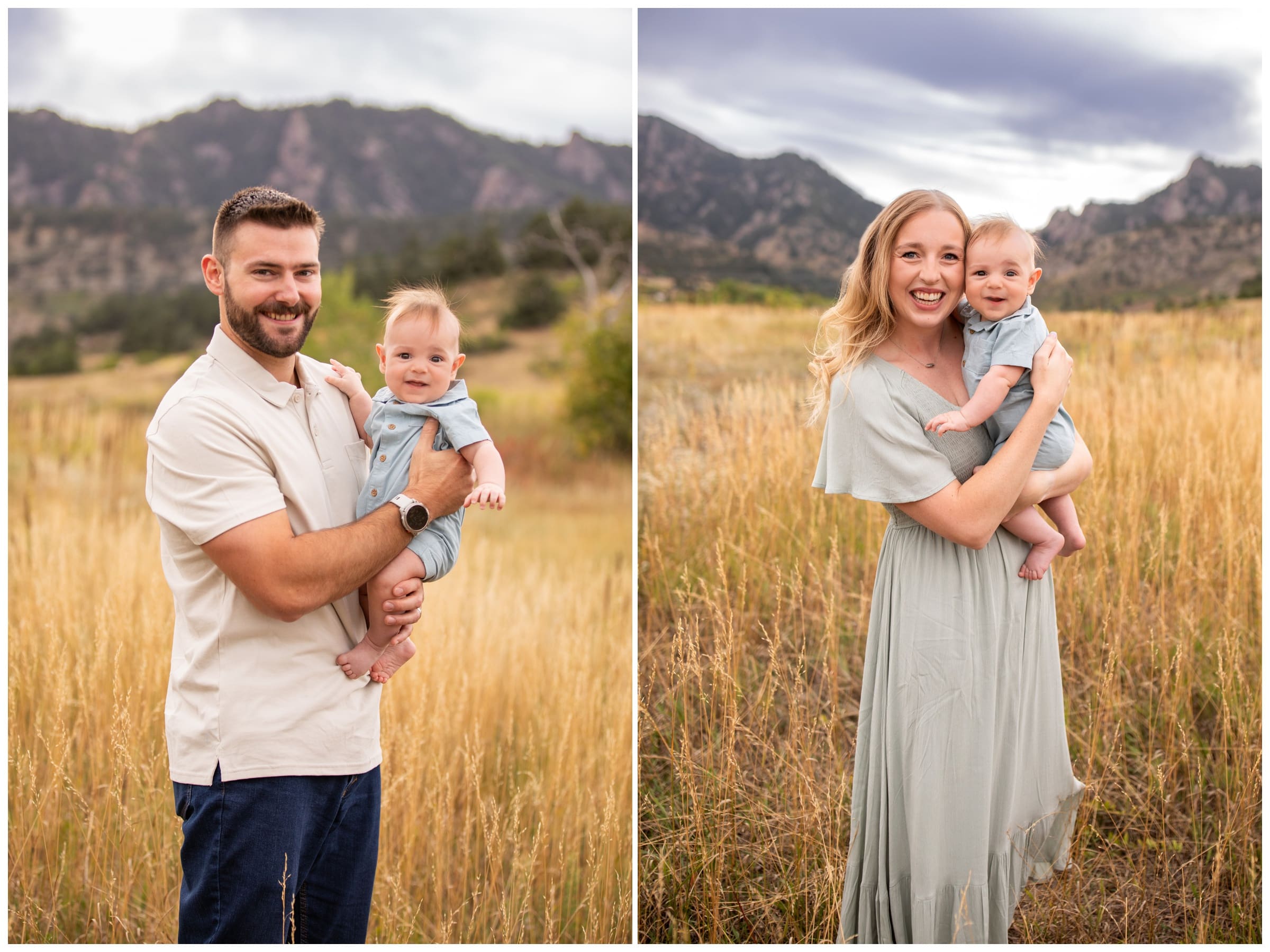 parents holding baby in mountain field during Boulder family photography session at South Mesa Trail 