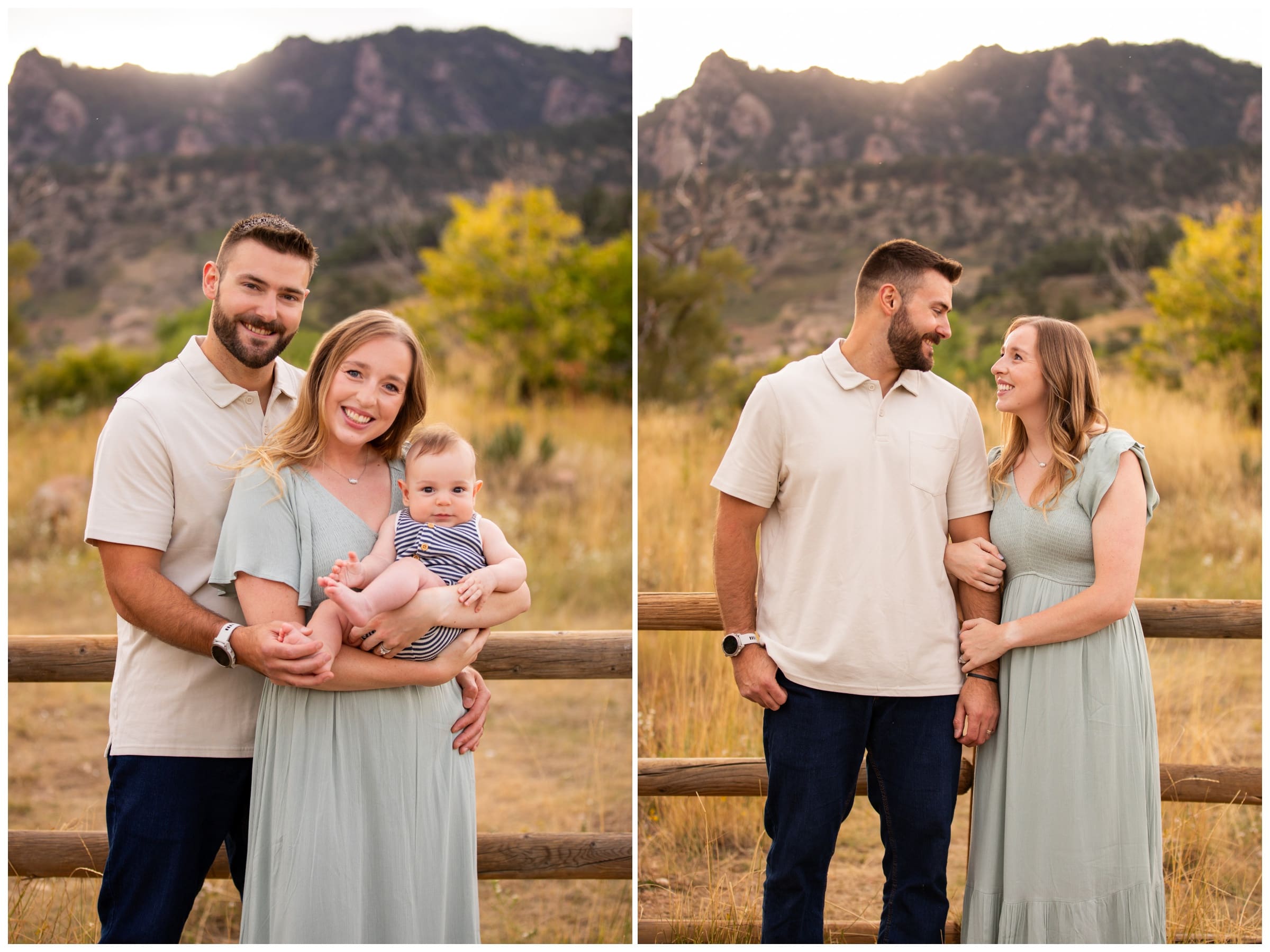 family posing in front of flatirons mountains during South Mesa Boulder family portraits