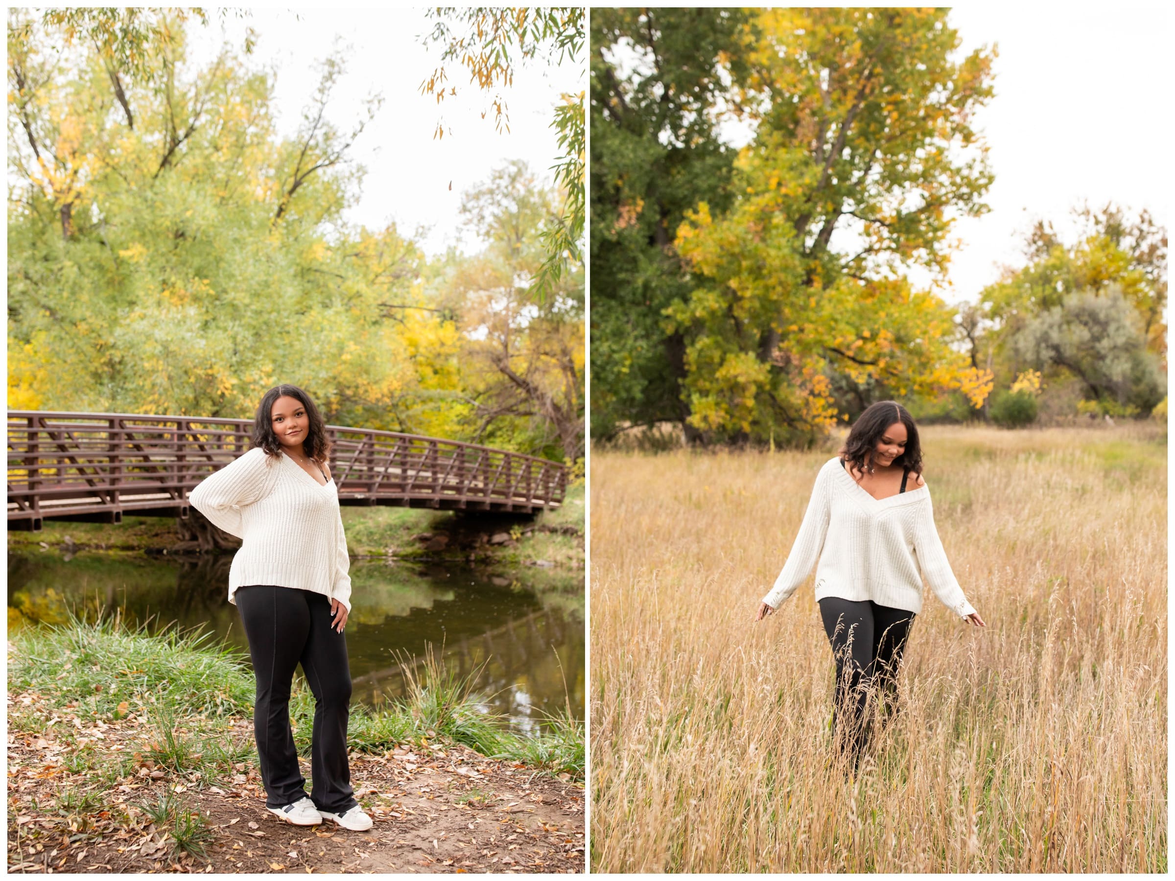 teen posing in front of bridge at Legacy Park during fall senior portraits in Colorado 