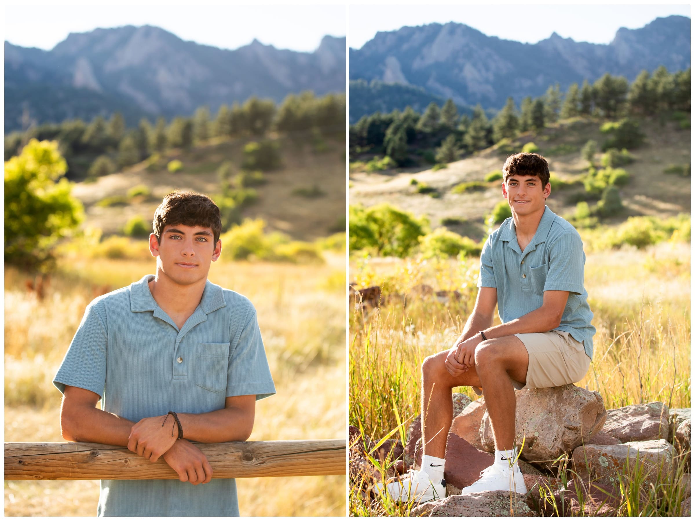 teen leaning on fence during mountain senior photos in Boulder Colorado 