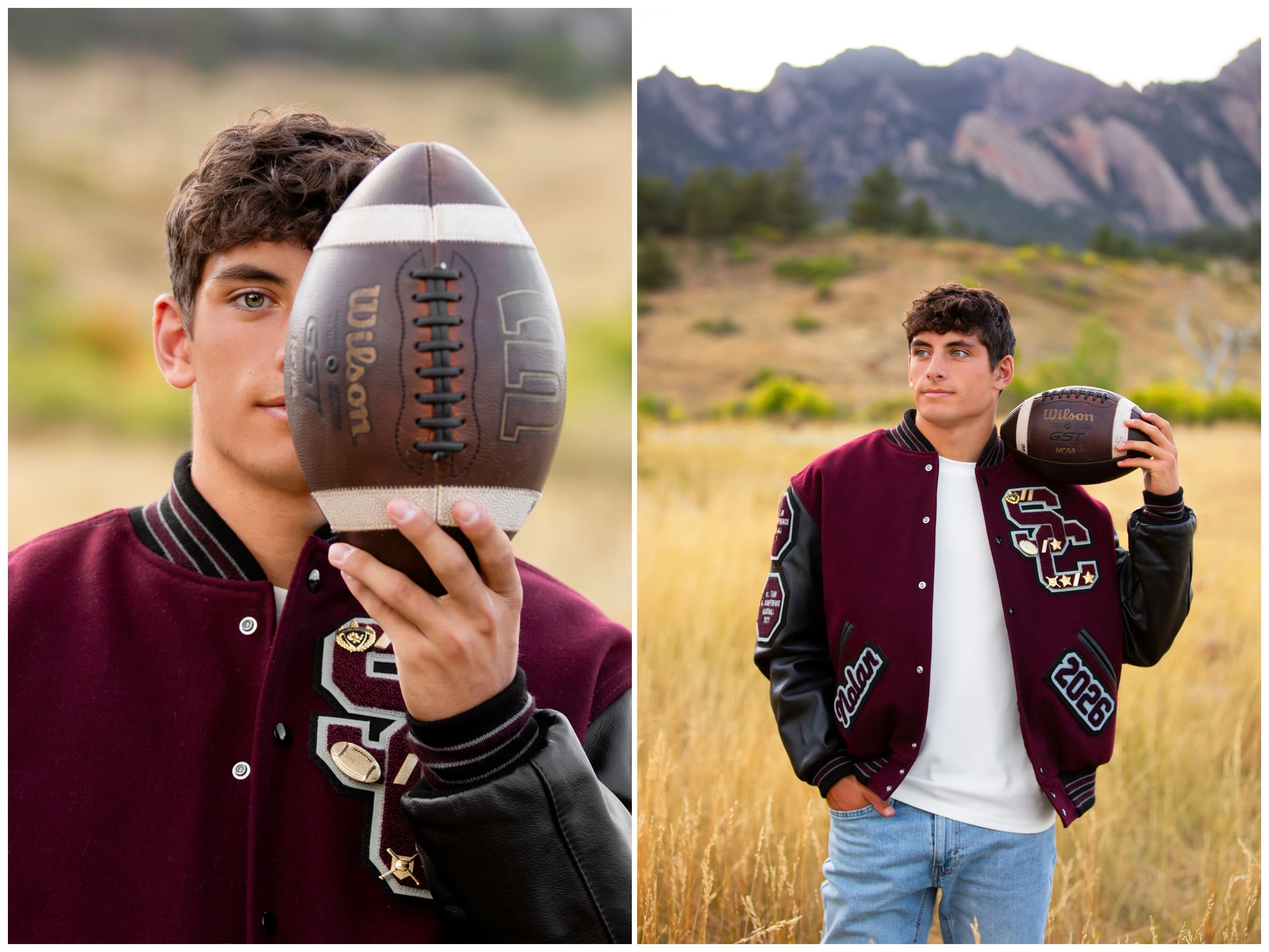unique football senior pictures for Silver Creek High School Colorado student in Boulder 