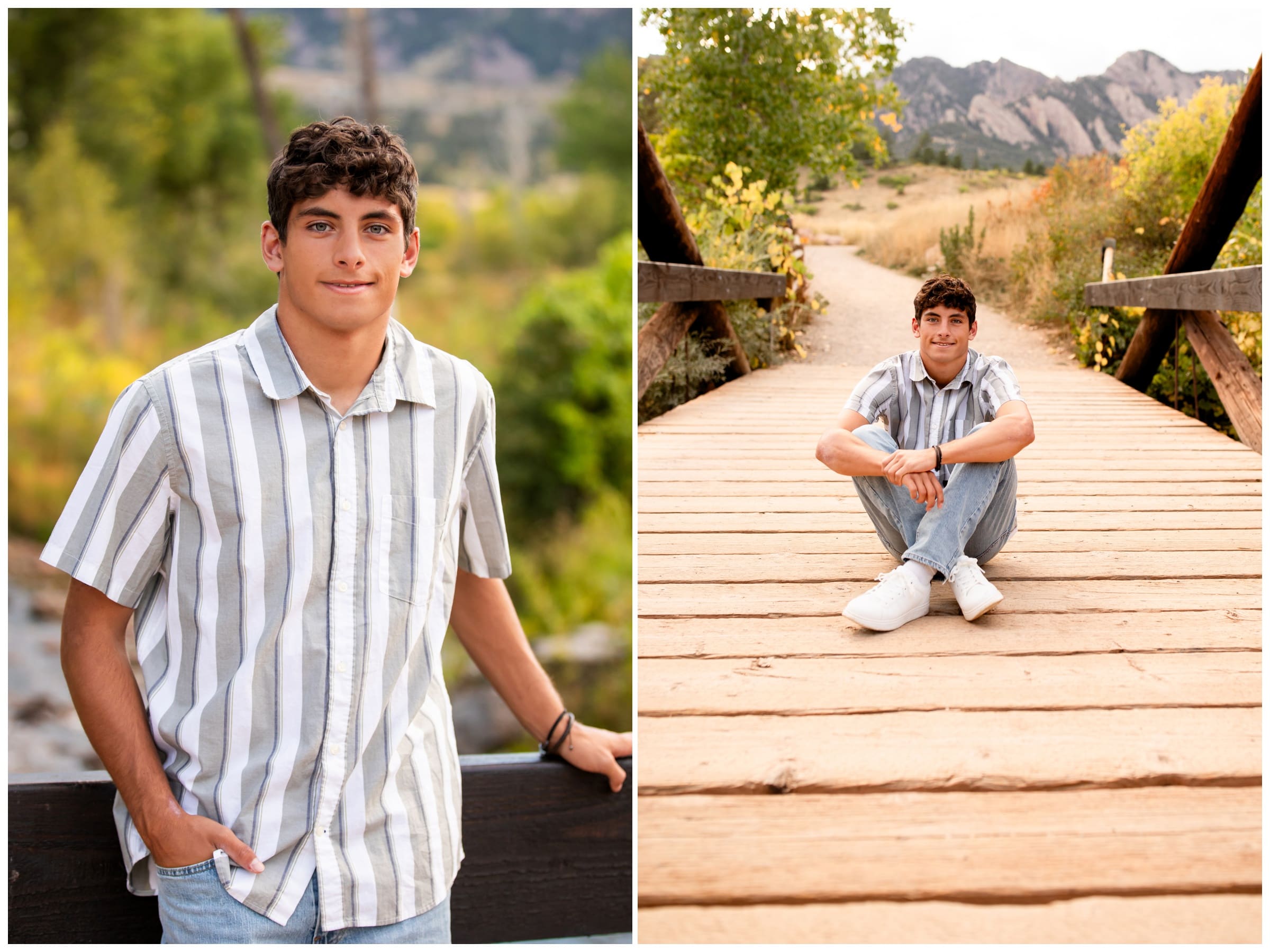 teen sitting on wooden bridge during Silver Creek High School senior pictures at South Mesa Trail Boulder 