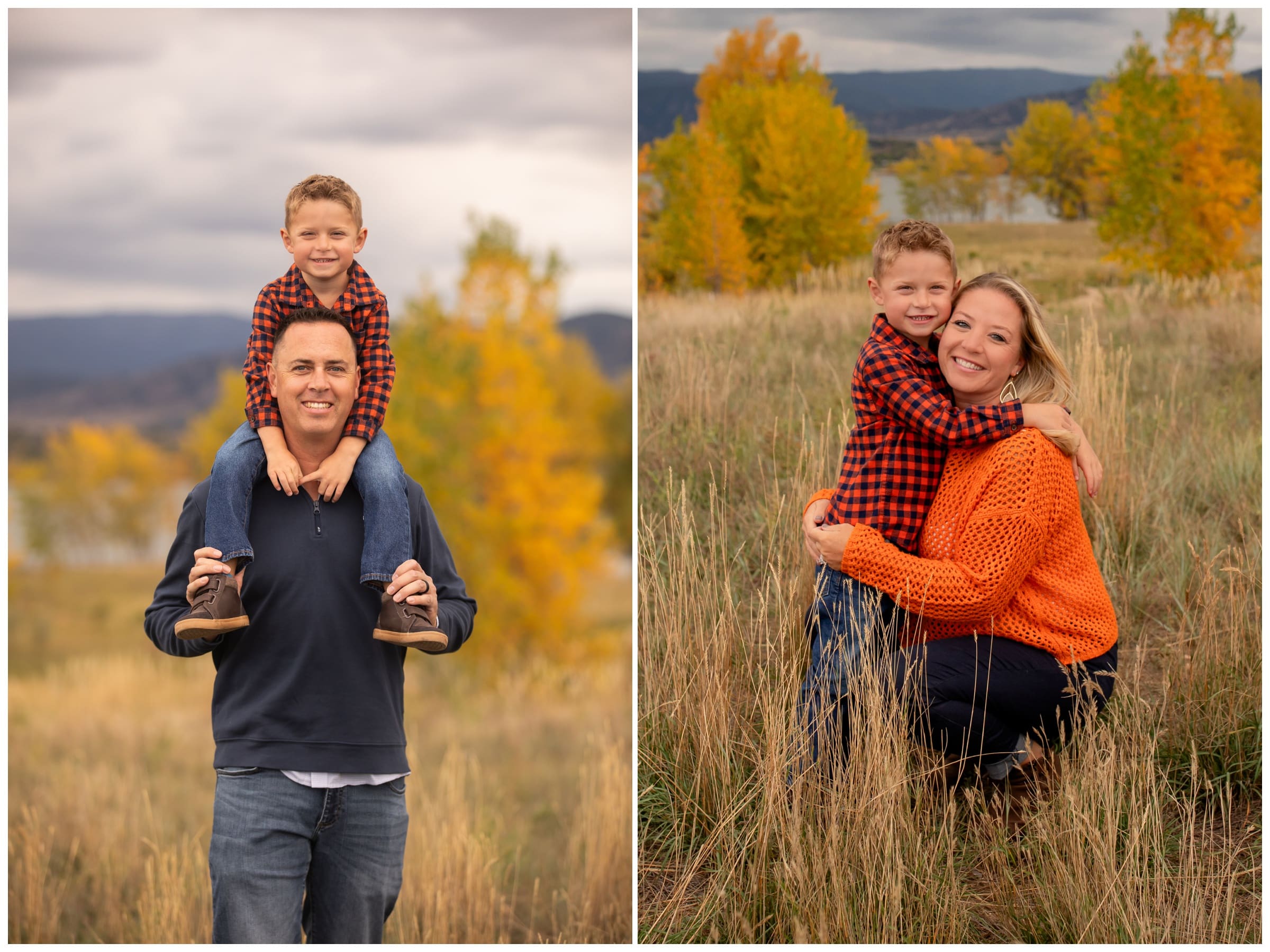 little boy on dad's shoulders during fall family photography session at Coot Lake in Boulder Colorado 