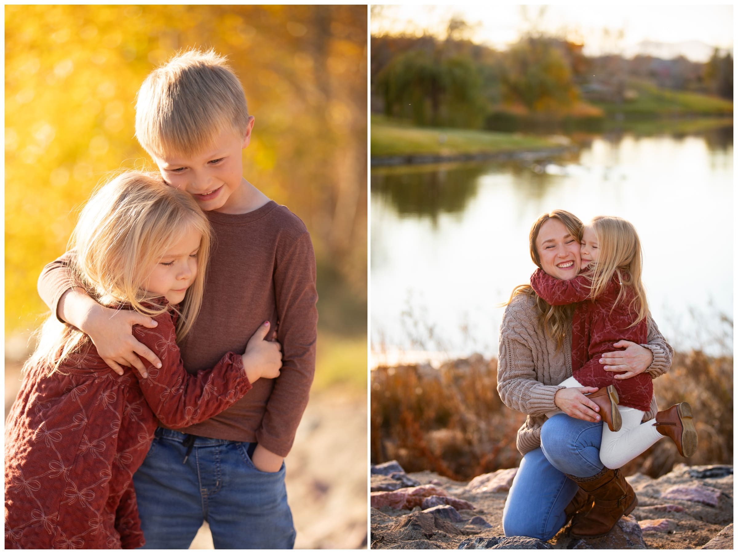 siblings hugging during fall mini session in Colorado by Plum Pretty Photography