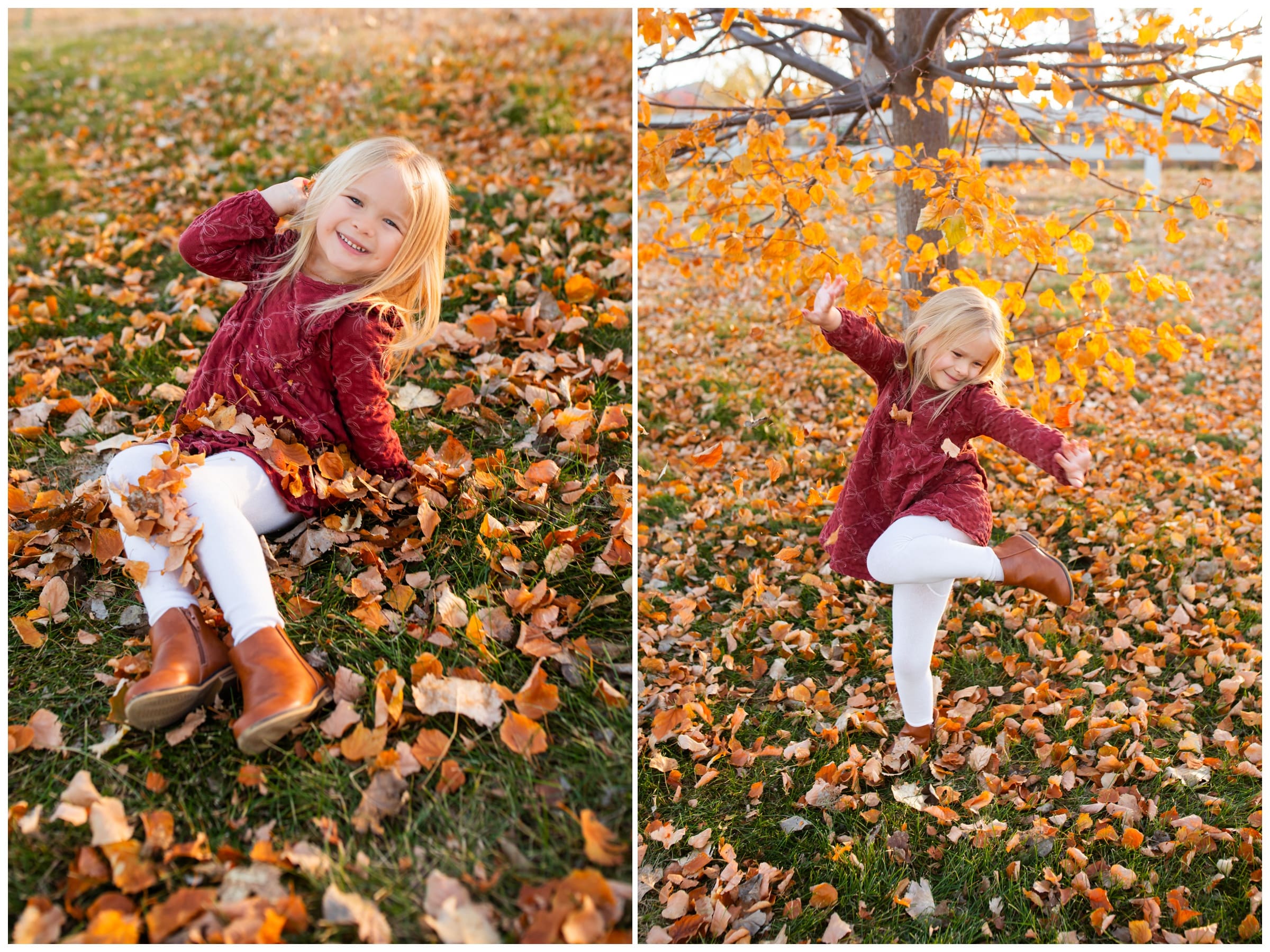 little girl playing in the leaves during fall family photos in Broomfield Colorado