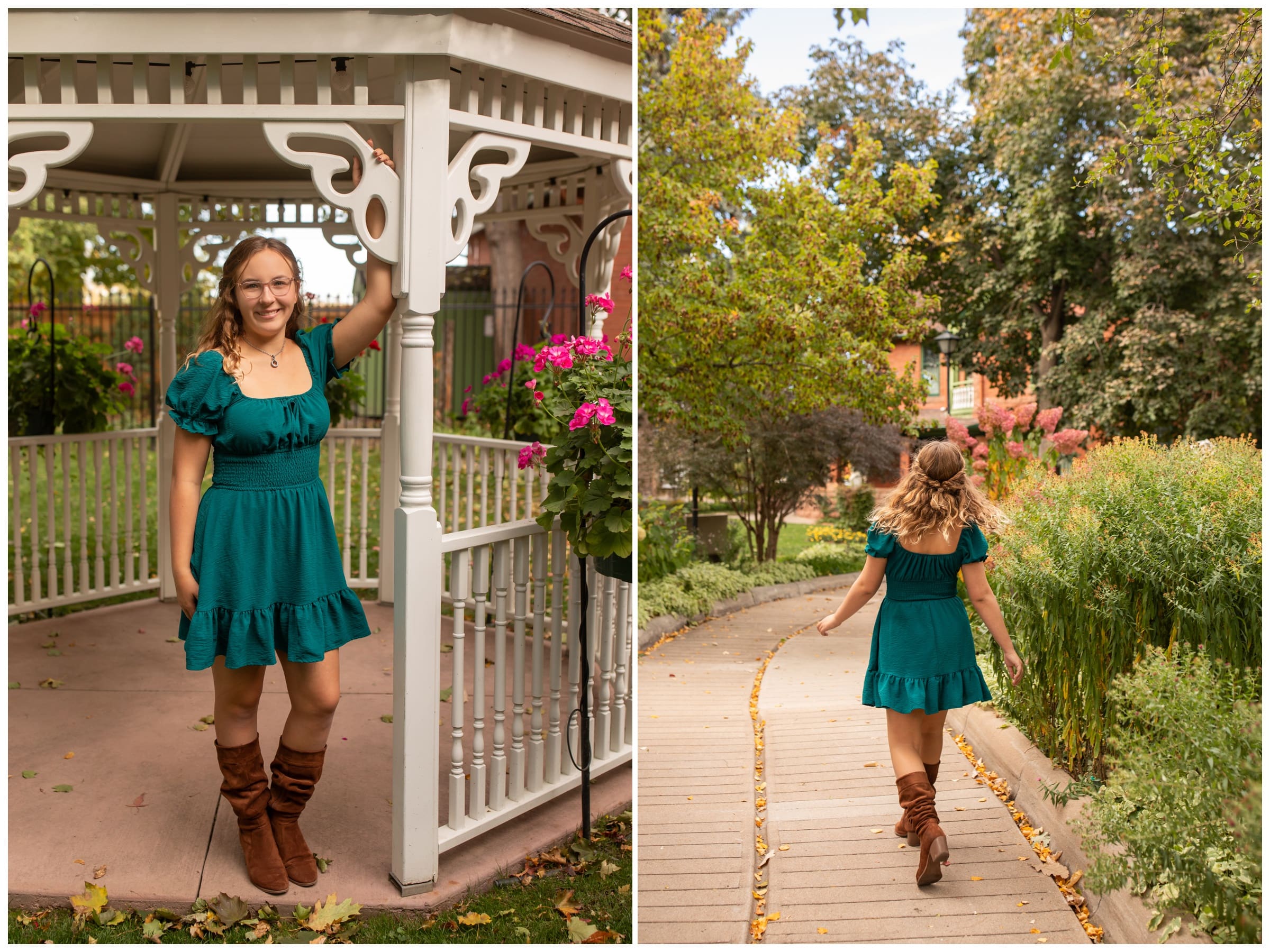 teen leaning against gazebo at Callahan House during Silver Creek Longmont senior pictures 