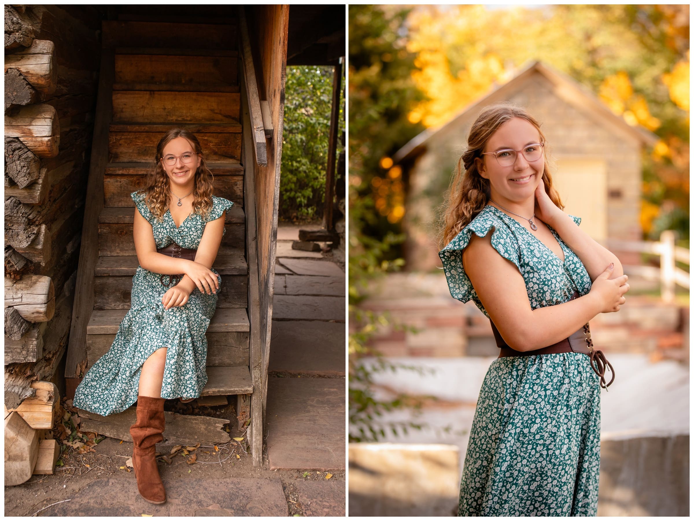 teen sitting on rustic stairs during Old Mill Park Longmont senior pictures