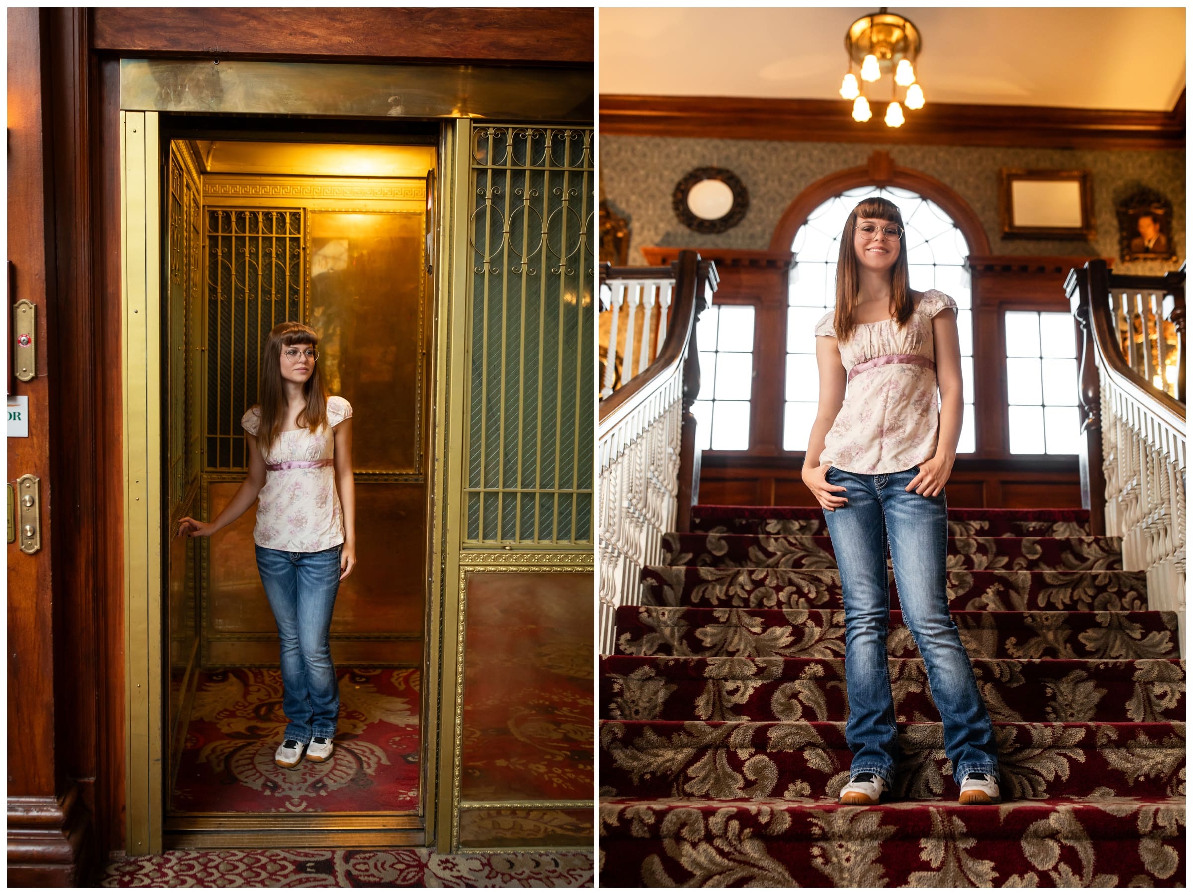 teen posing in the elevator at the Stanley Hotel during unique Colorado senior photos 