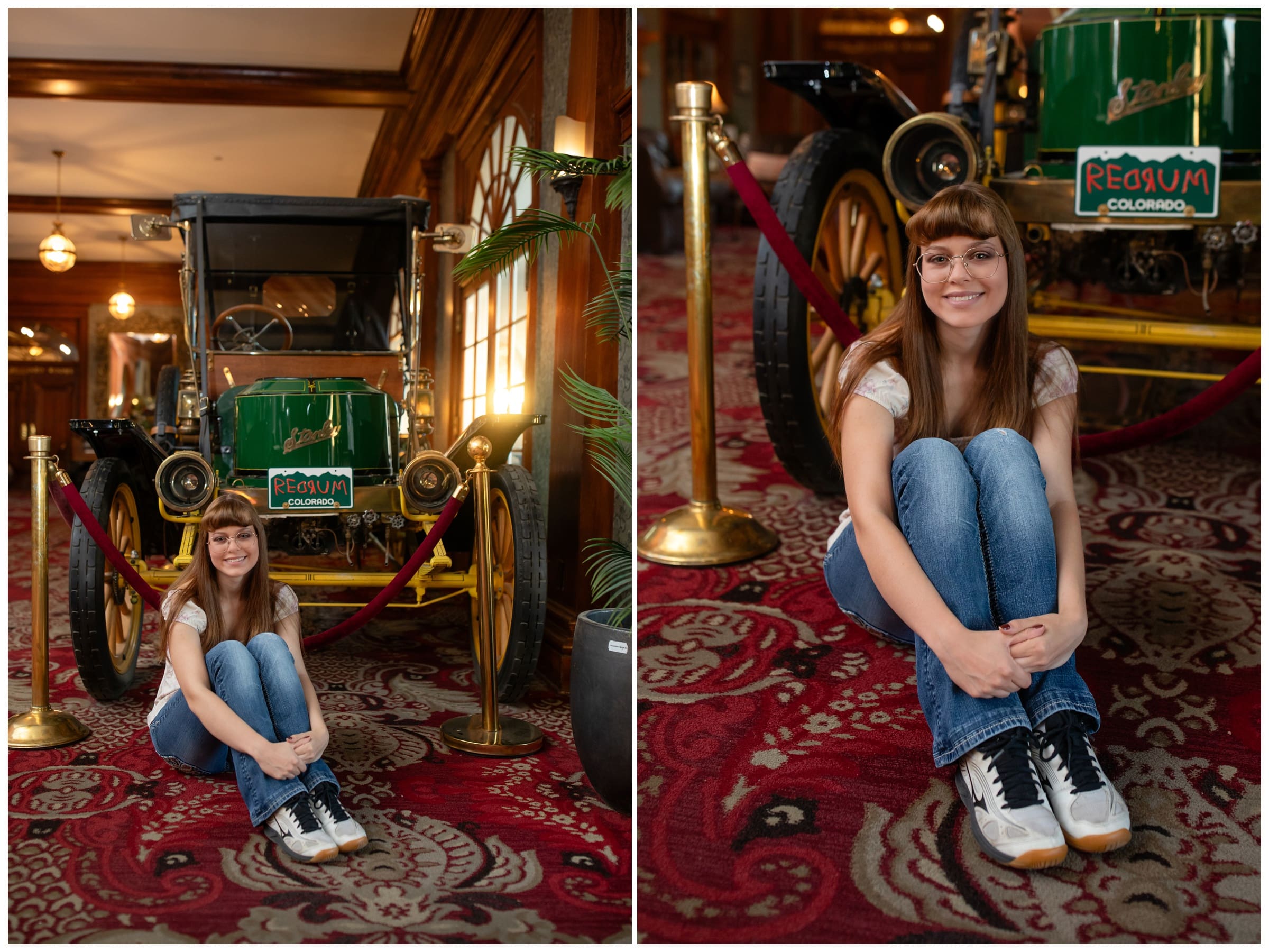 teen sitting in front of vintage car during unique Colorado senior pictures at the Stanley Hotel 