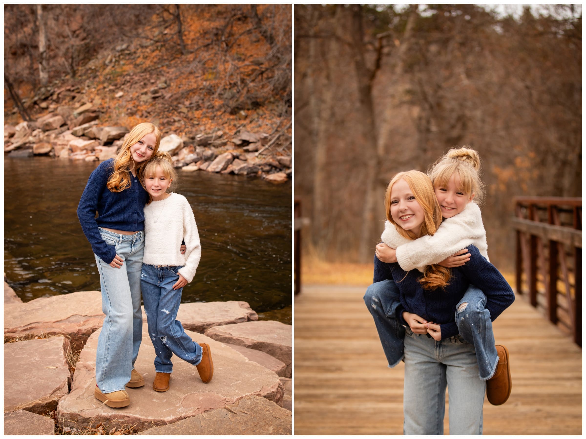 sister giving piggy back ride during fall family photos in Lyons Colorado