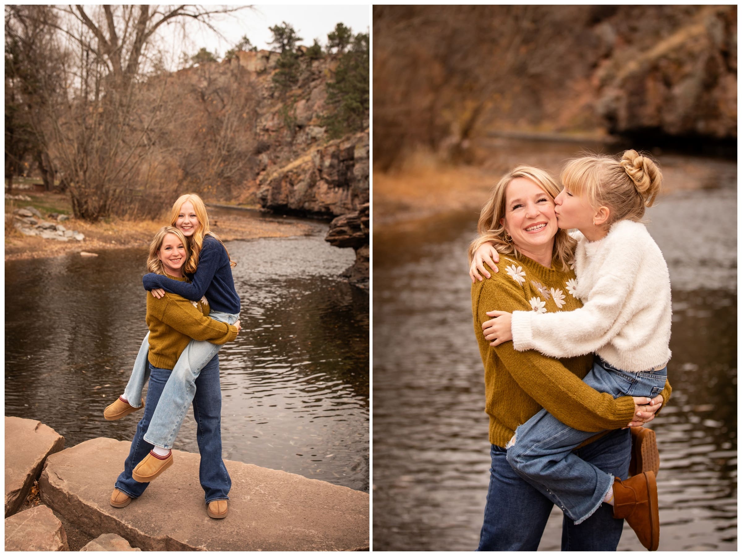 mom holding teen daughter during funny candid family photos in Lyons Colorado