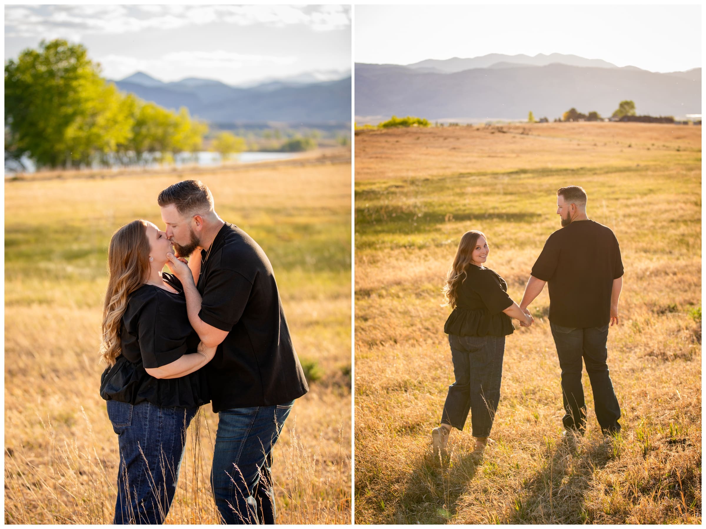 couple walking through mountain field at Coot Lake during Boulder engagement pictures