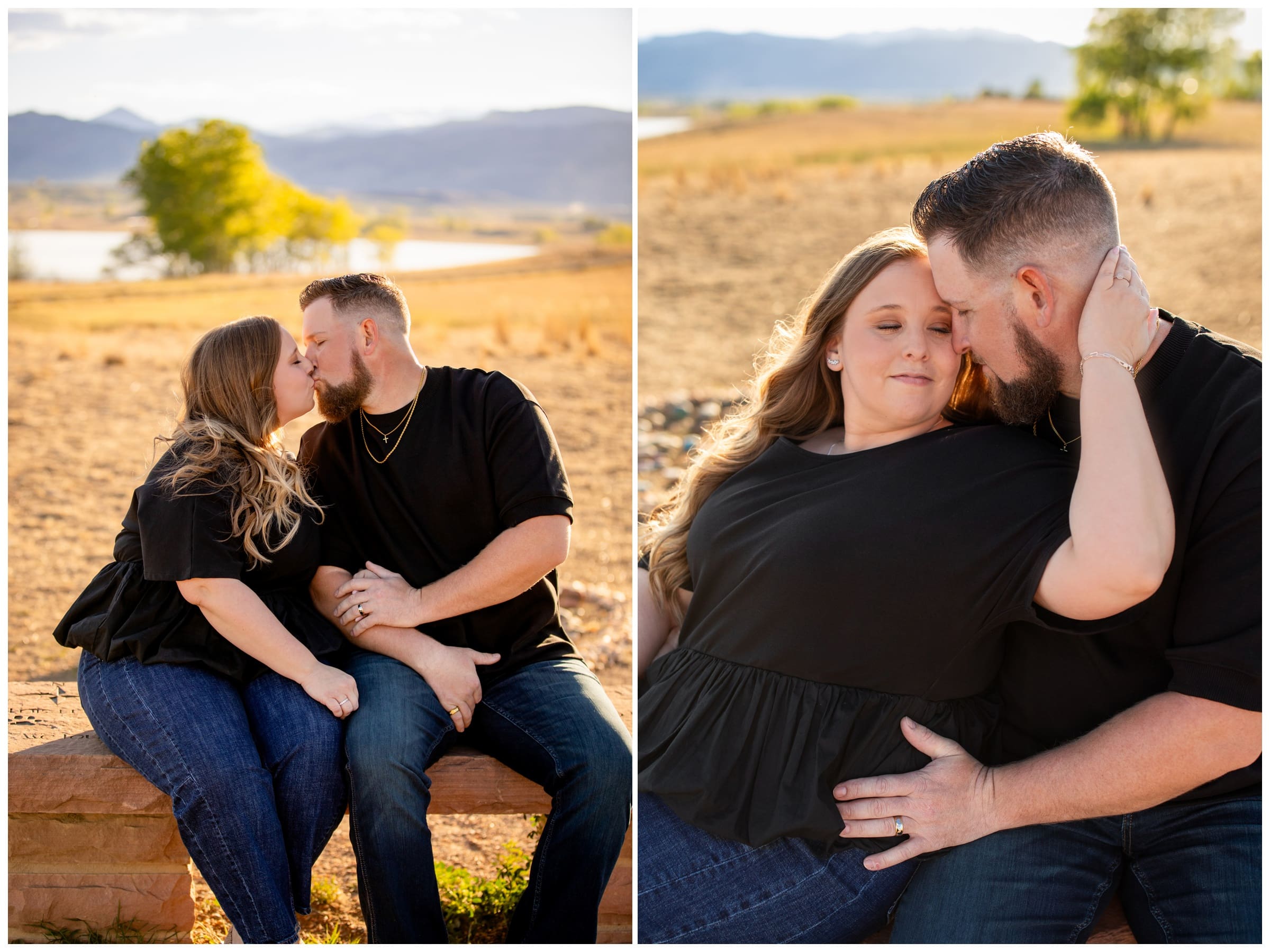 couple kissing on bench at Coot Lake during spring engagement session in Boulder