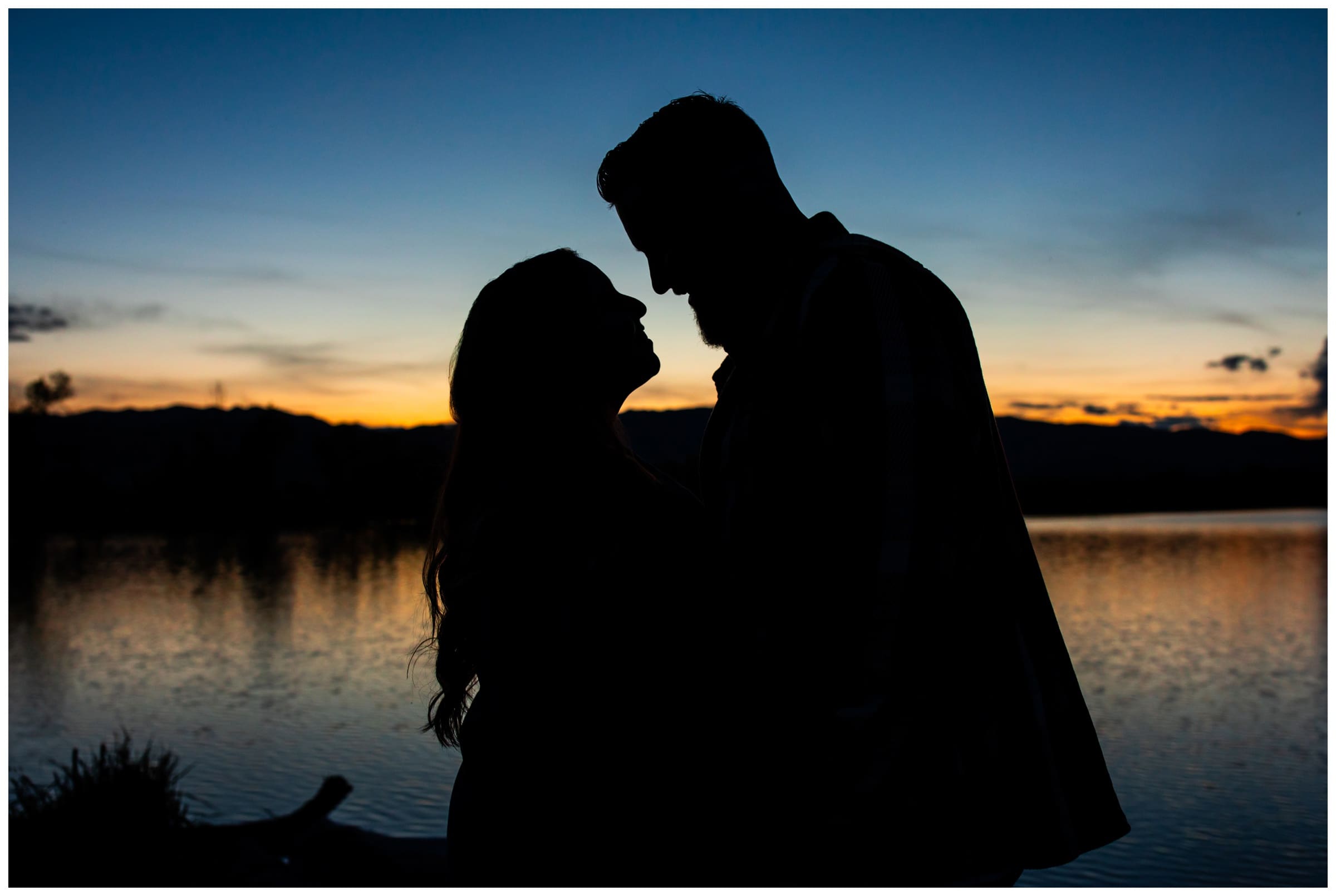 unique silhouette sunset photo during Boulder engagement photography session at Coot Lake