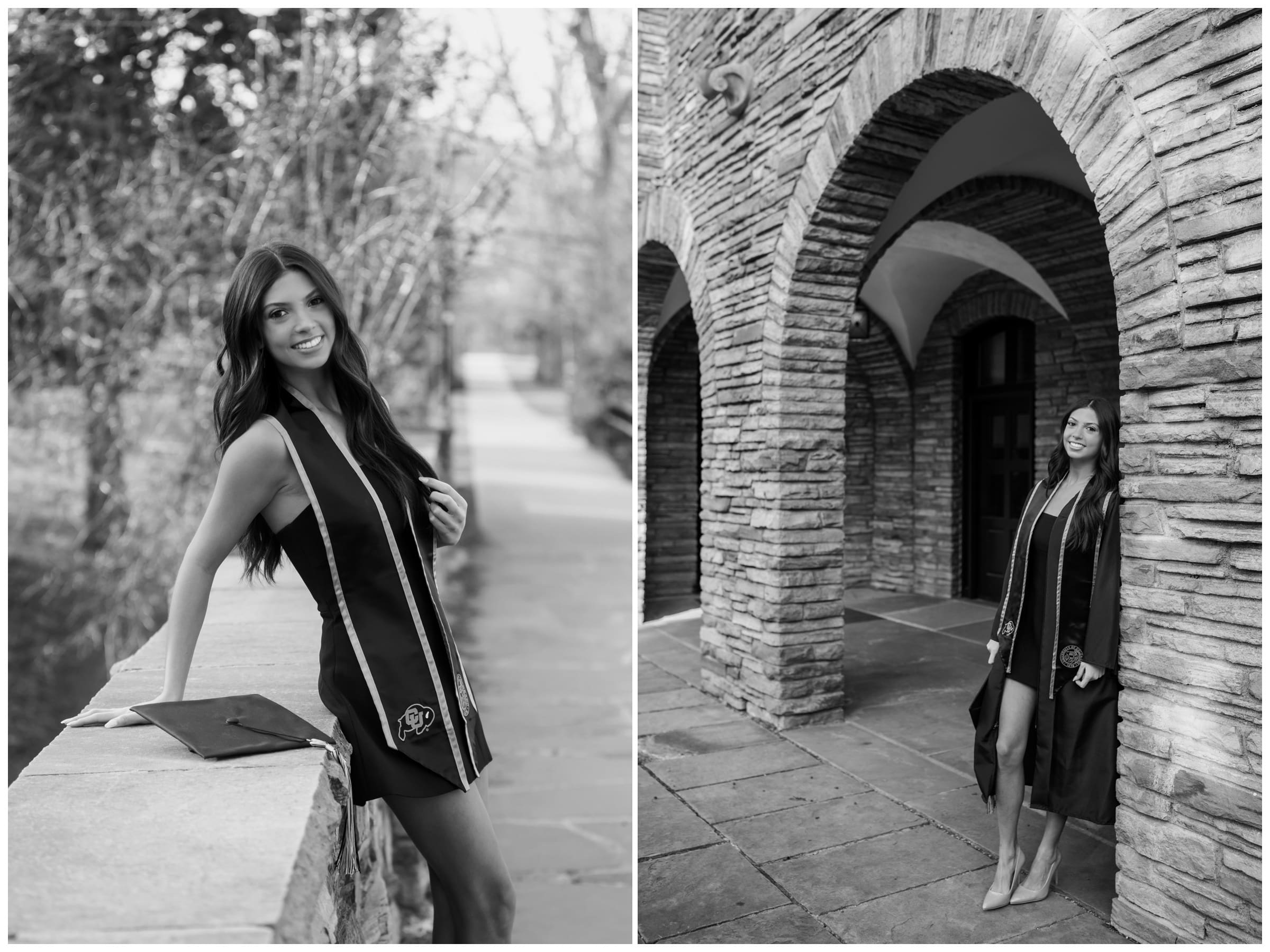 woman posing under stone arches at CU Boulder campus during Colorado college grad photos