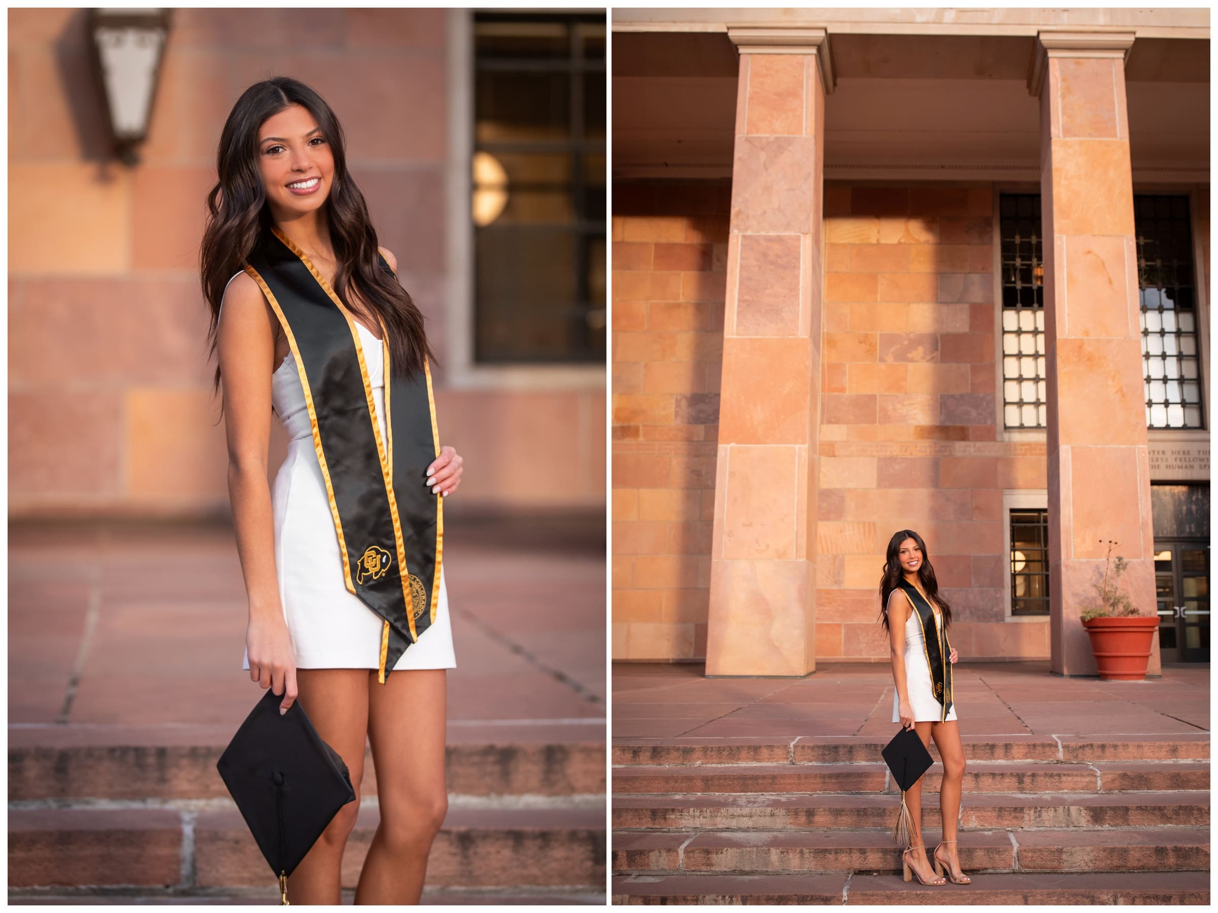 woman posing in front of Norlin library during Colorado college senior pictures