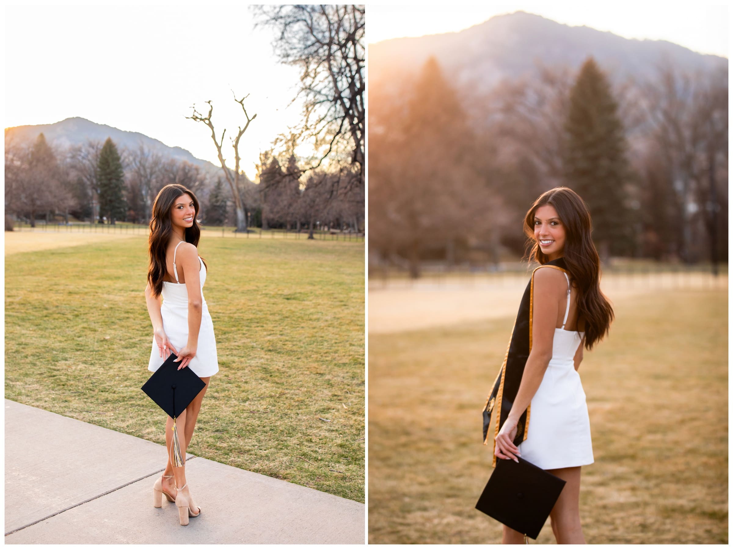 woman posing with graduation cap during college senior pictures in Boulder Colorado